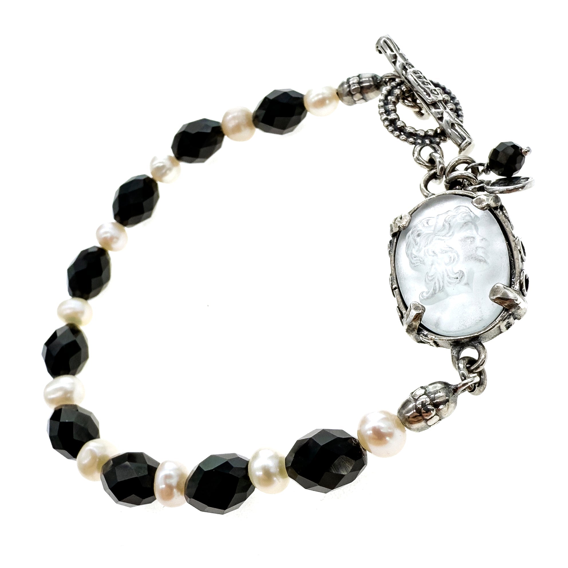 White Cameo Beaded Bracelet – Sterling Silver – Gem Kingdom