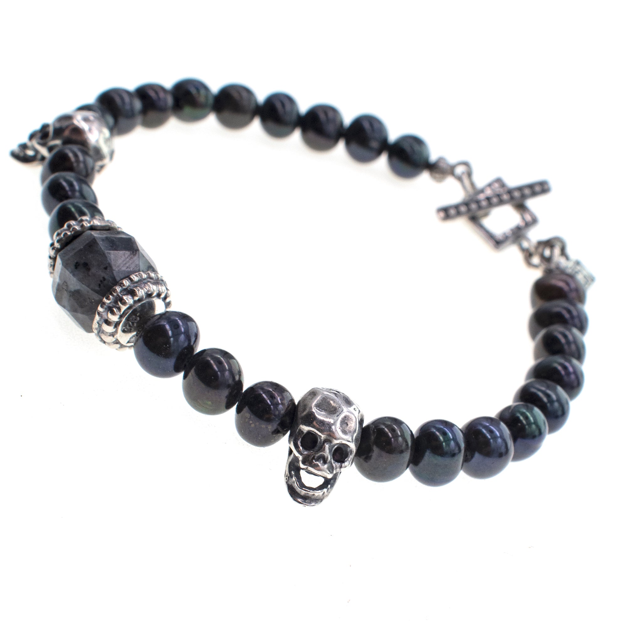 Skull & Black Beaded Bracelet – Sterling Silver – Gem Kingdom