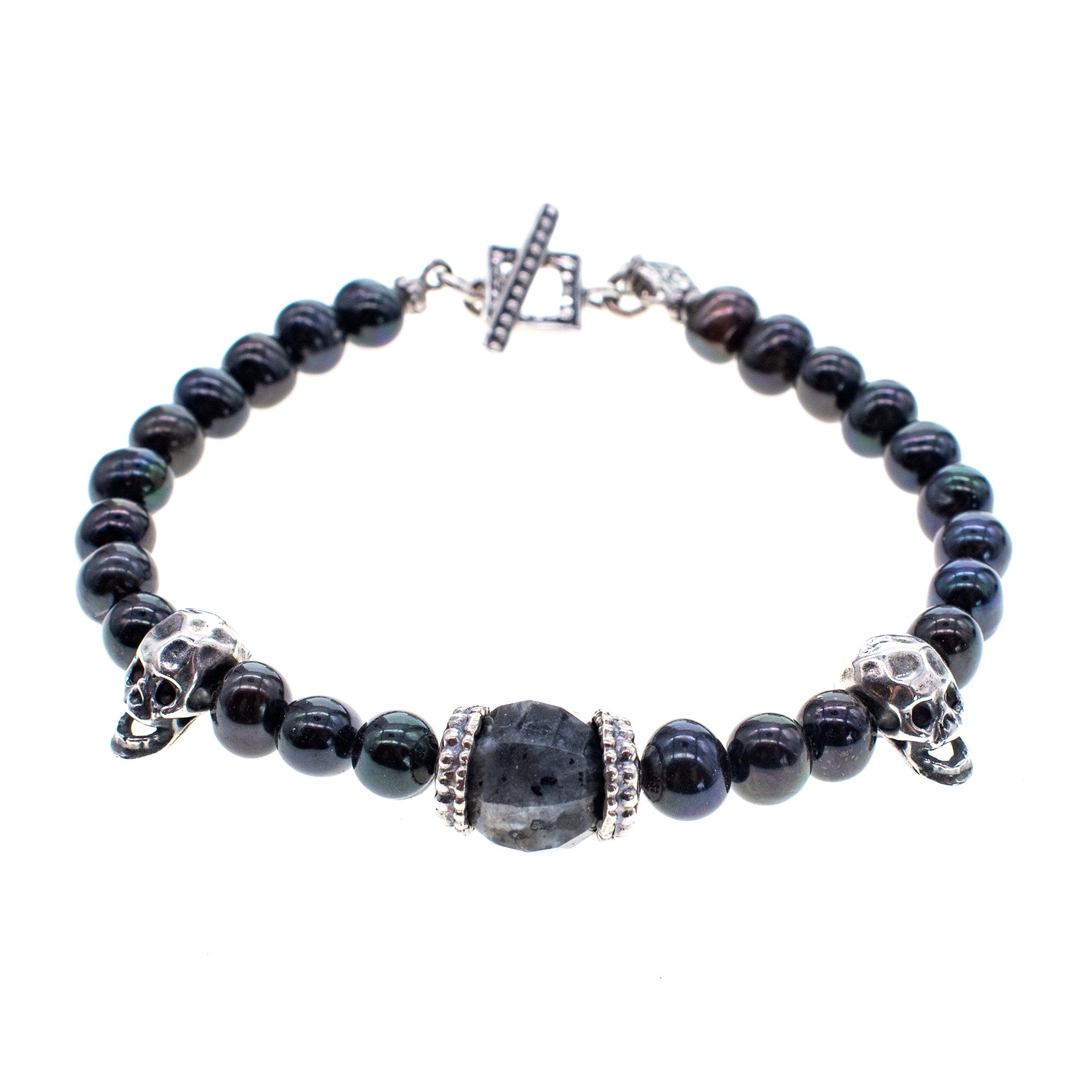 Skull & Black Beaded Bracelet – Sterling Silver – Gem Kingdom