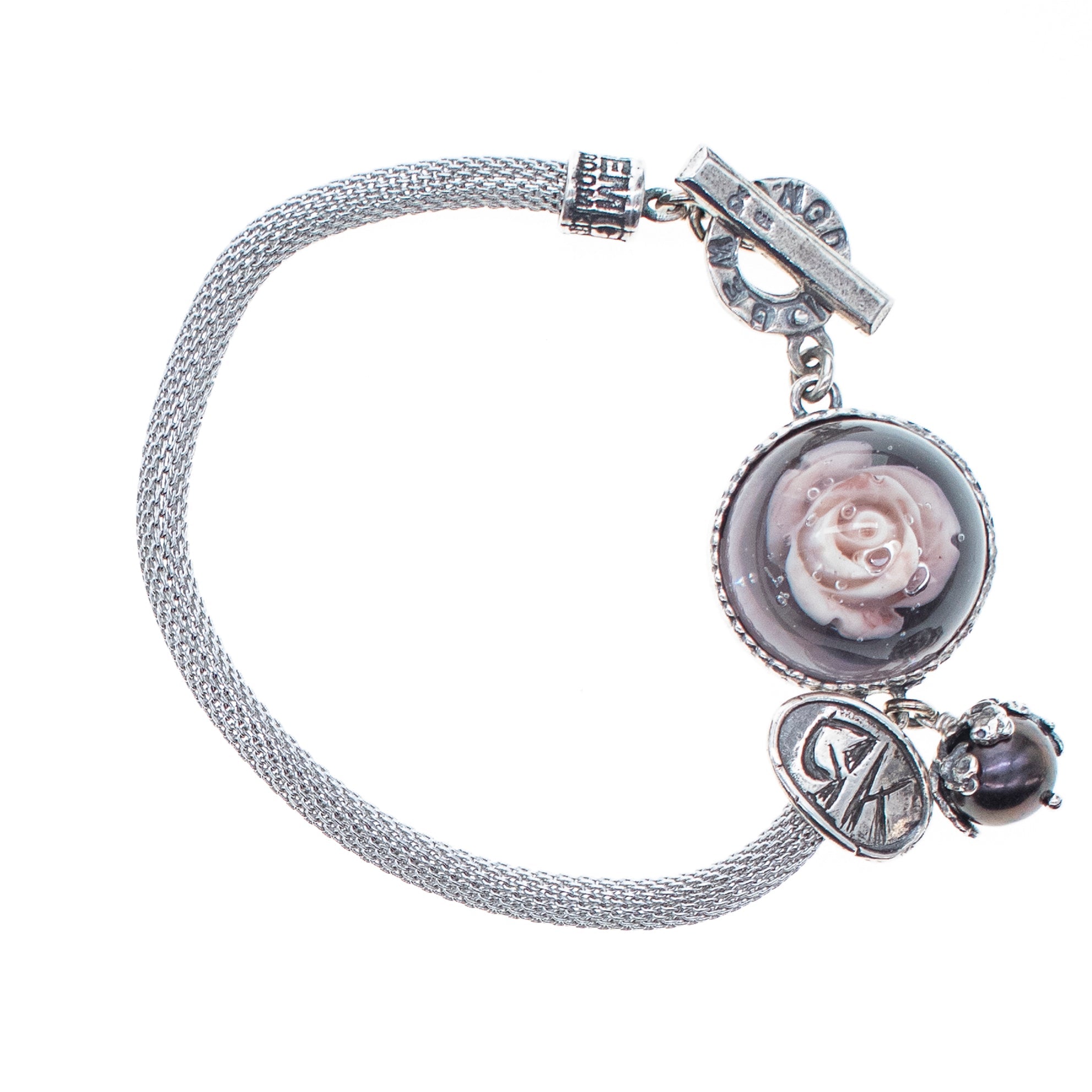 Pink Rose In Resin Mesh Bracelet – Sterling Silver – Gem Kingdom