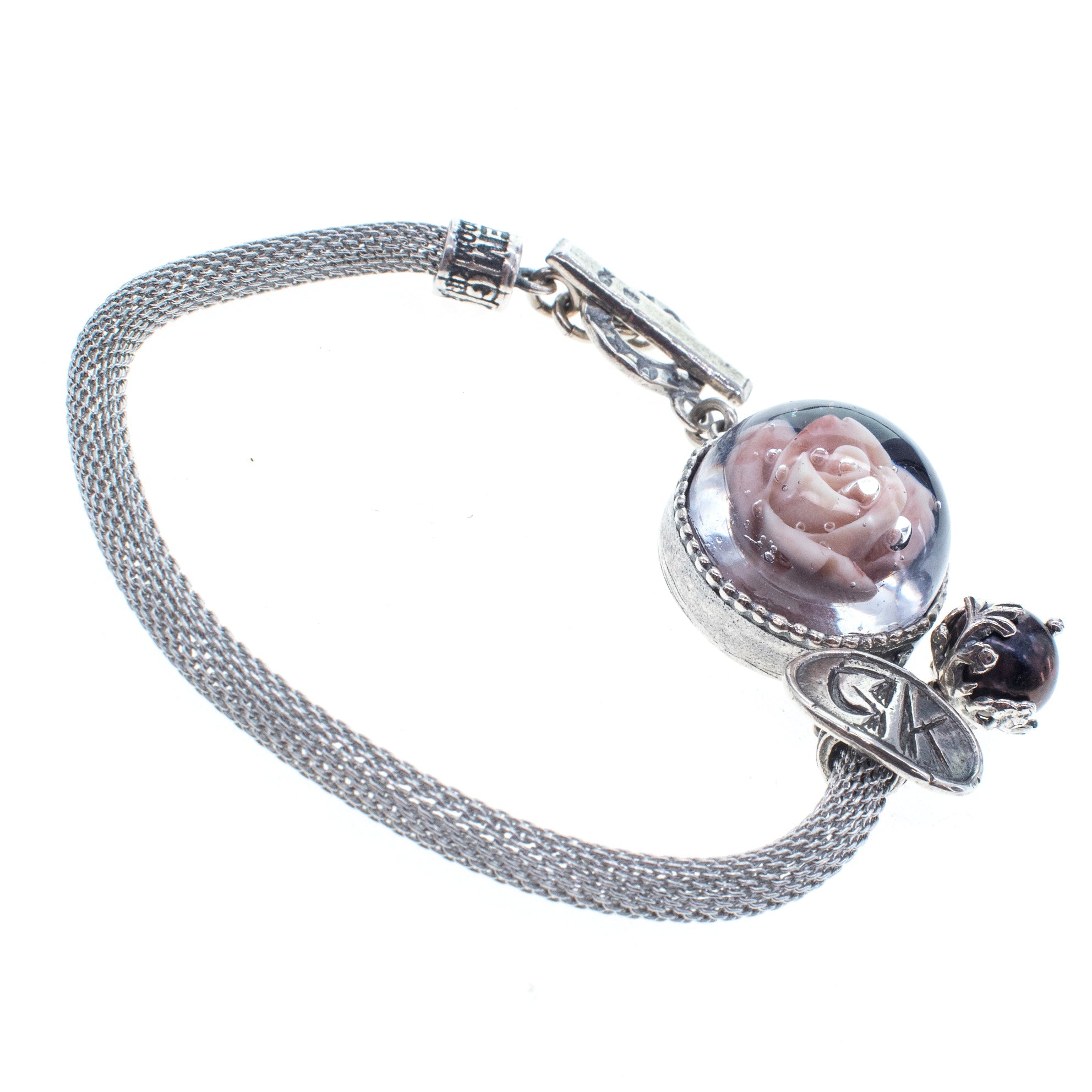 Pink Rose In Resin Mesh Bracelet – Sterling Silver – Gem Kingdom
