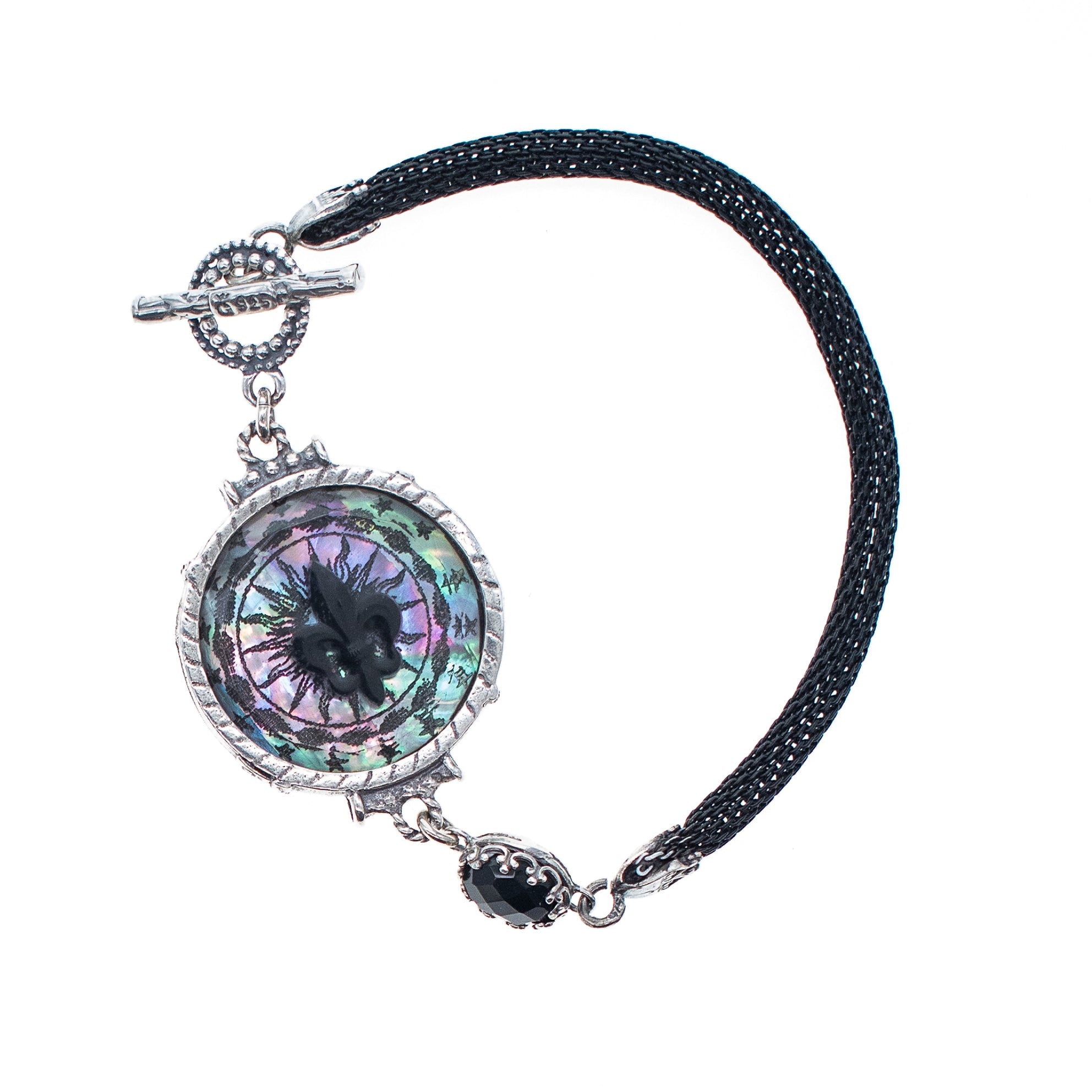 Fleur-De-Lis Resin Black Mesh Bracelet – Sterling Silver – Gem Kingdom