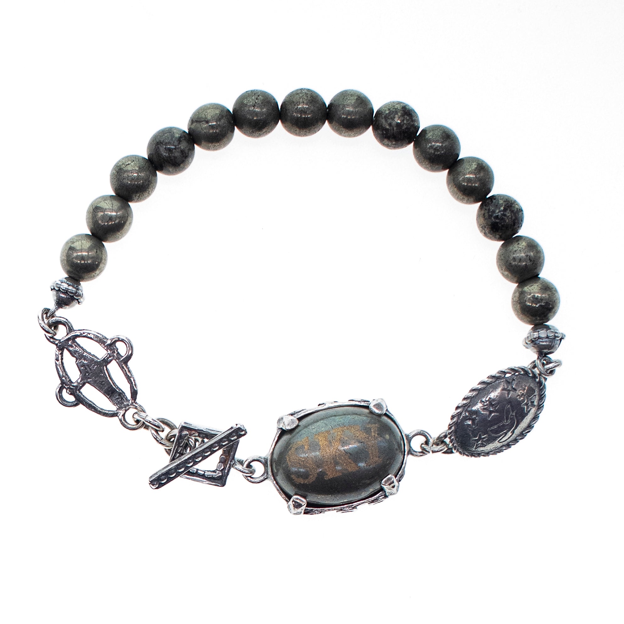 Engraved Pyrite Sky Beaded Bracelet – Sterling Silver – Gem Kingdom