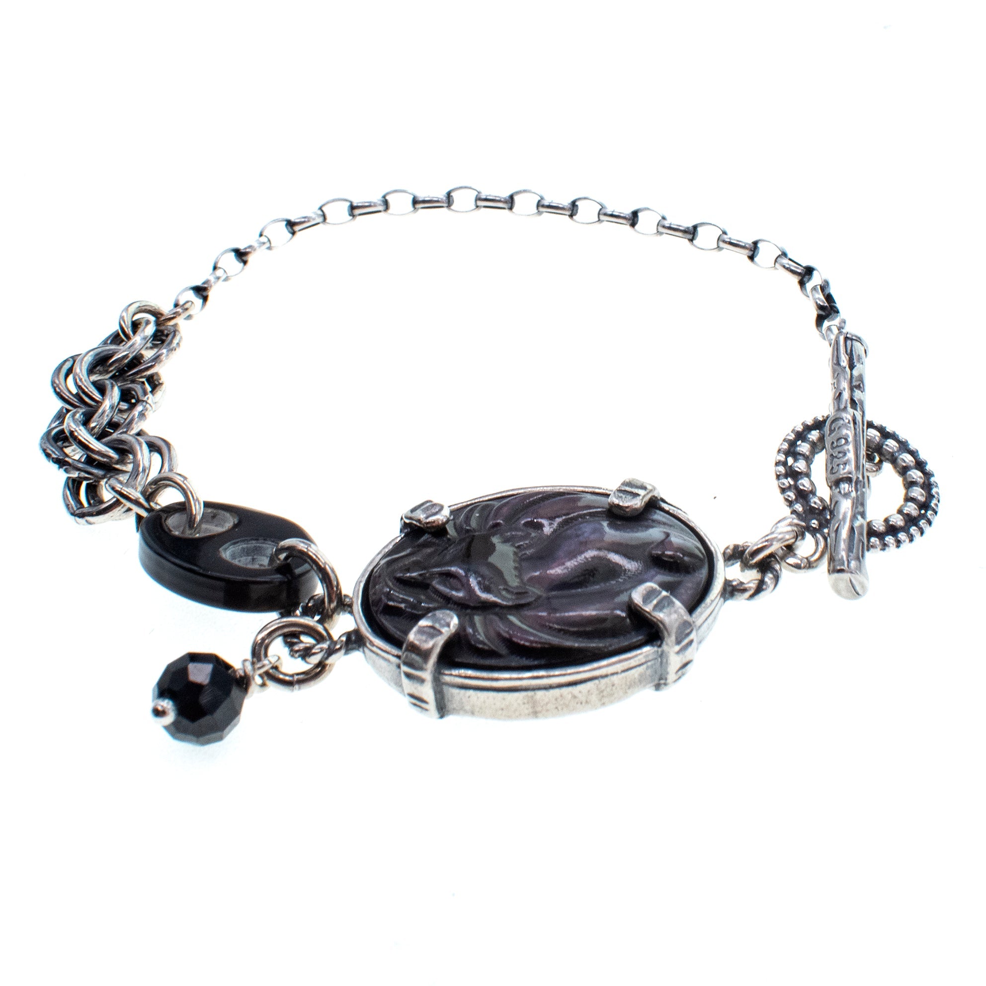 Black Mother Of Pearl Cameo Fox Bracelet – Sterling Silver – Gem Kingdom