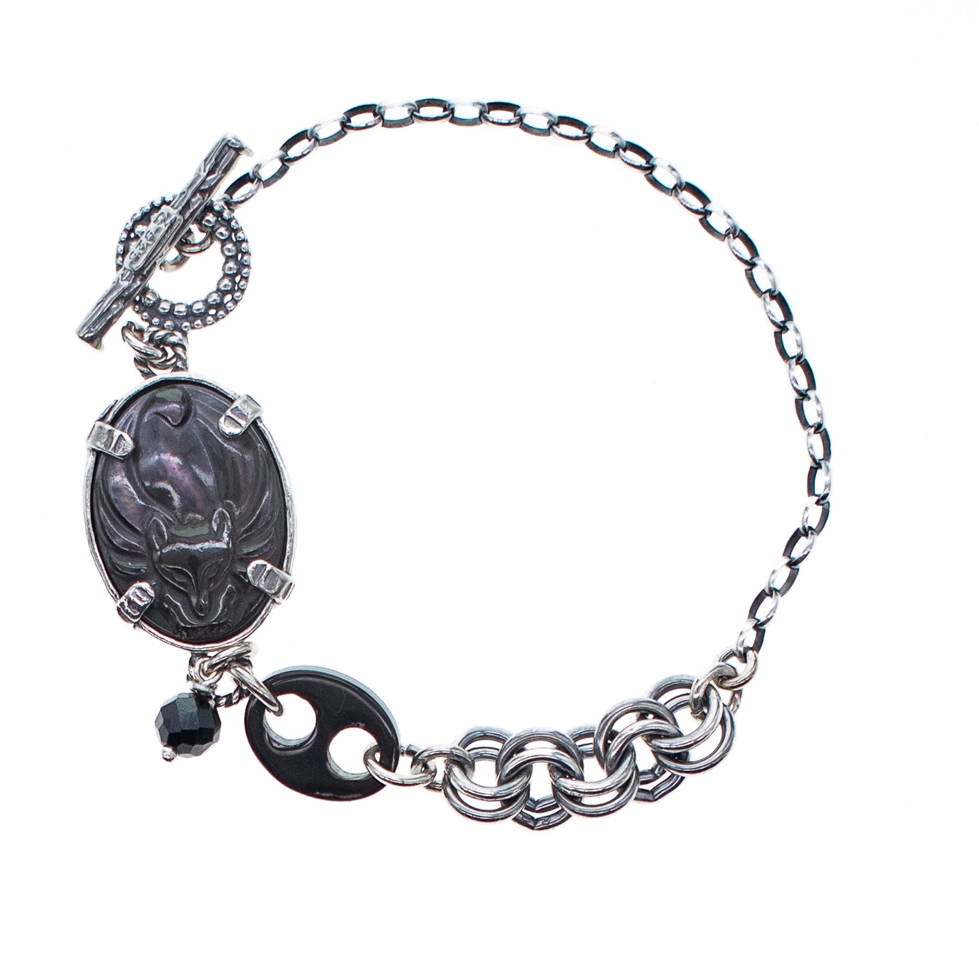 Black Mother Of Pearl Cameo Fox Bracelet – Sterling Silver – Gem Kingdom