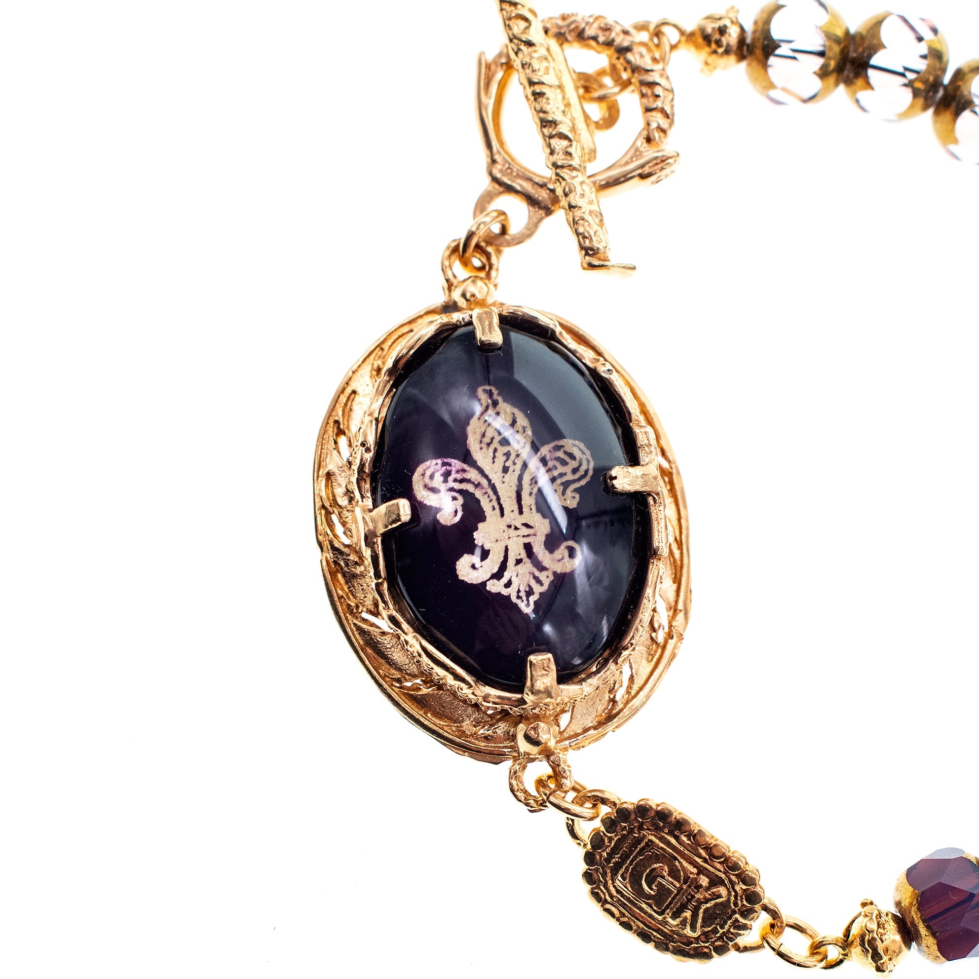 Fleur-De-Lis Vintage Glass Beaded Bracelet – Gold Plated – Gem Kingdom