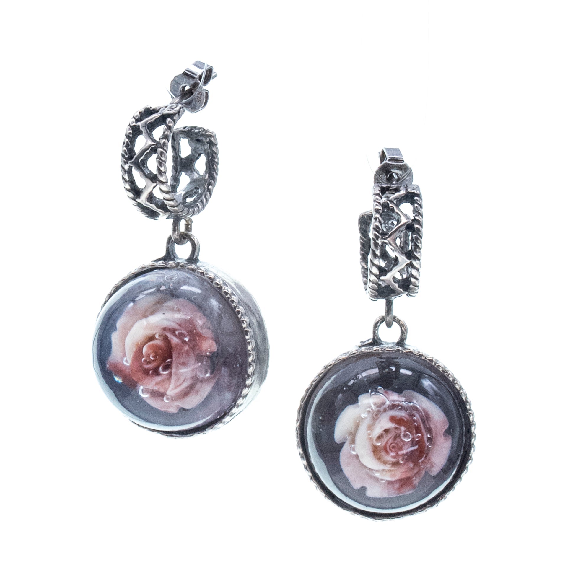 Pink Rose Dangle Silver Earrings – Sterling Silver – Gem Kingdom
