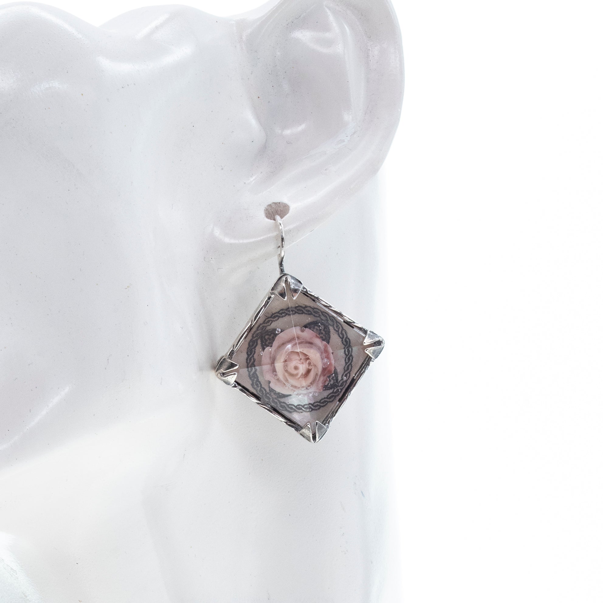 Rose In Pyramid Resin Earrings – Sterling Silver – Gem Kingdom