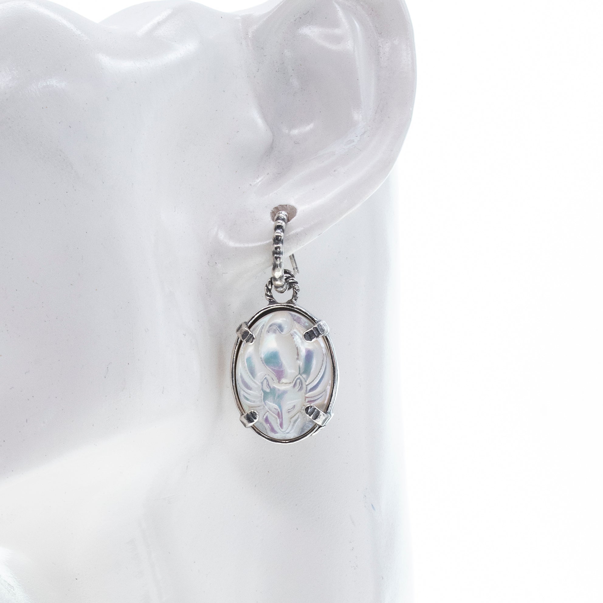 White Fox Cameo Pierced Hoop Earrings – Sterling Silver – Gem Kingdom