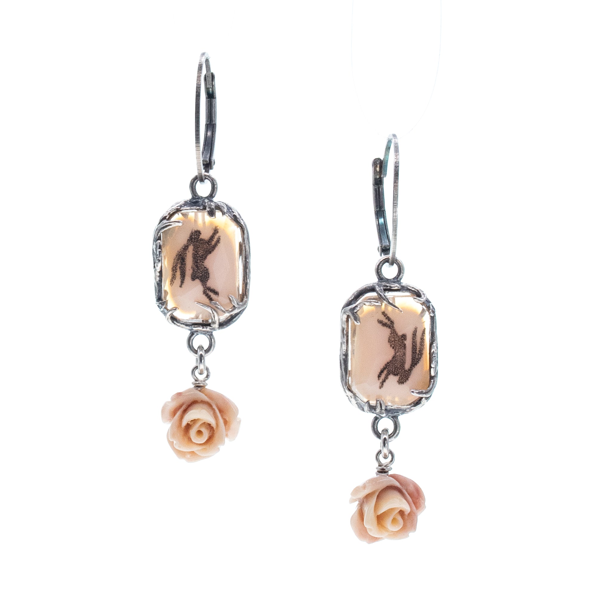Pink Engraved Vintage Crystal & Rose Drop Earrings – Sterling Silver – Gem Kingdom
