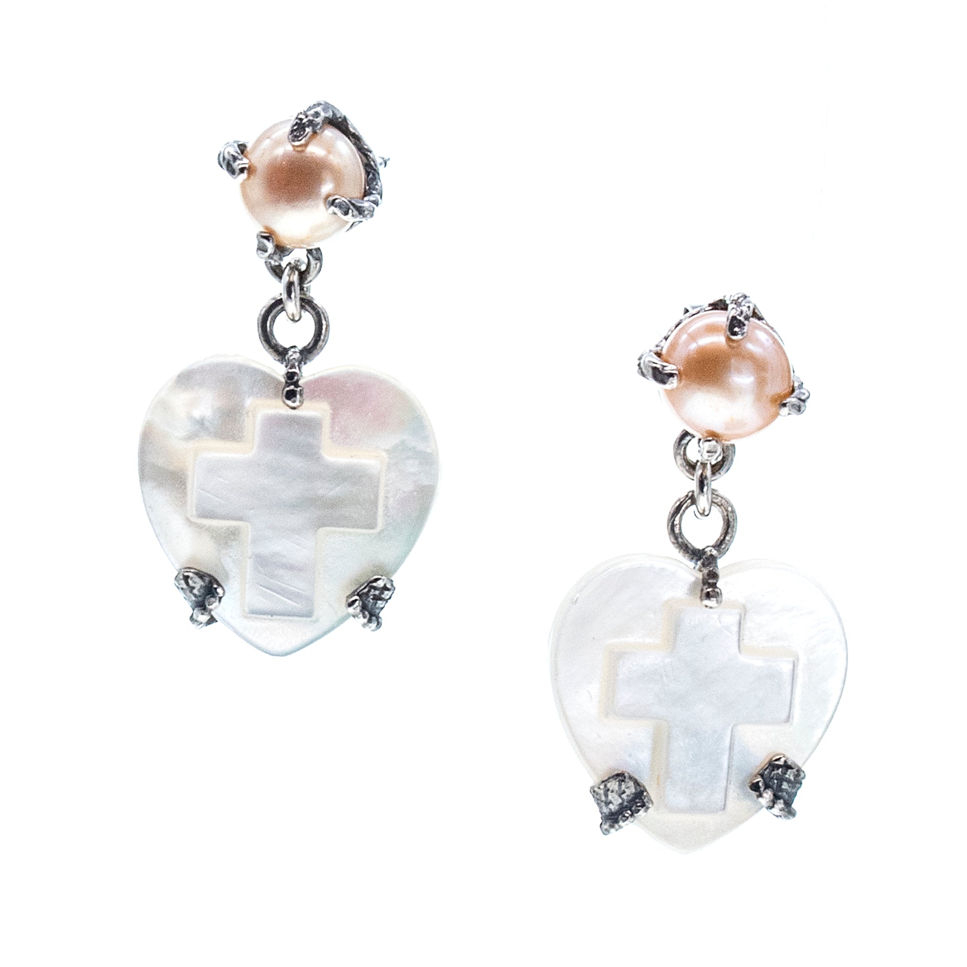 White Heart & Cross Mother Of Pearl Drop Earrings – Sterling Silver – Gem Kingdom