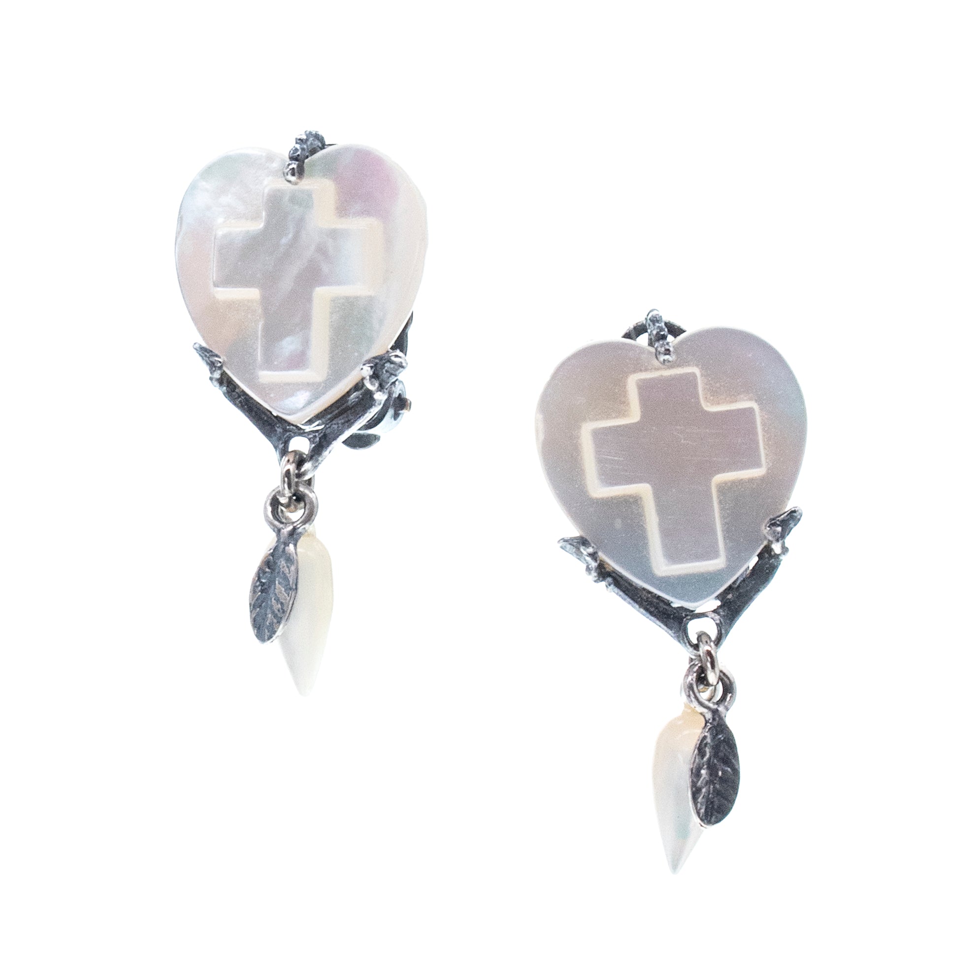 White Mother Of Pearl Heart & Cross Ear Clips – Sterling Silver – Gem Kingdom