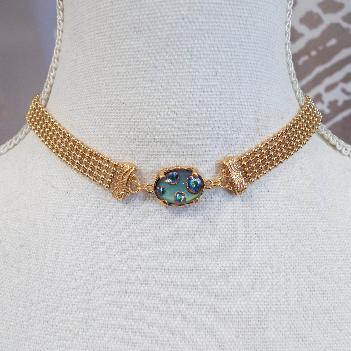 Mesh Choker Vintage Groen Glas – Verguld – Gem Kingdom