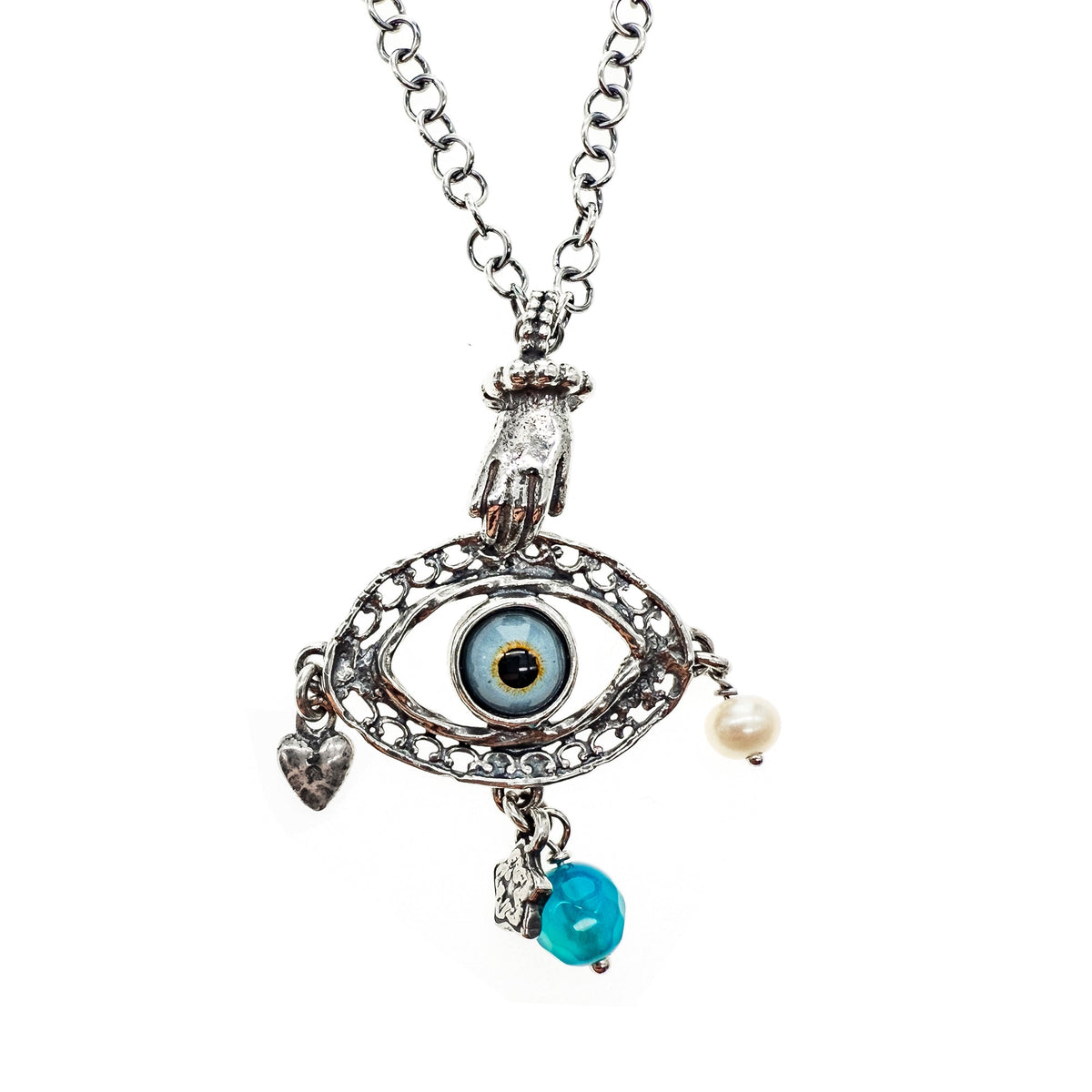 Eye Love You Blue Eye Agate Pearl Necklace – Sterling Silver – Gem Kingdom