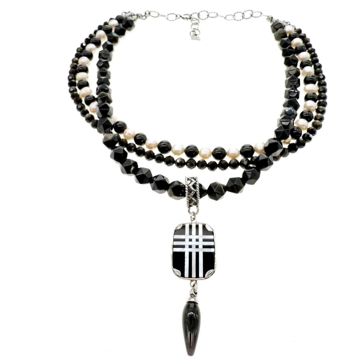 Zwart-Witte Driedubbele Ketting – Sterling Zilver – Gem Kingdom
