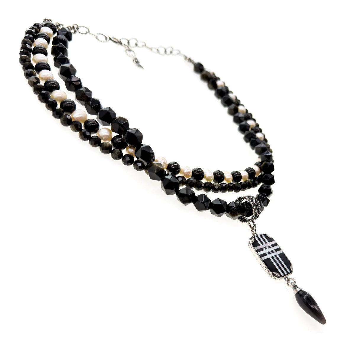 Zwart-Witte Driedubbele Ketting – Sterling Zilver – Gem Kingdom