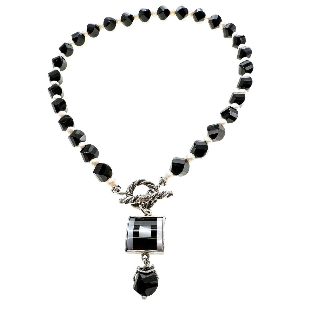 Zwart-Witte Vierkante Inleg Ketting – Sterling Zilver – Gem Kingdom