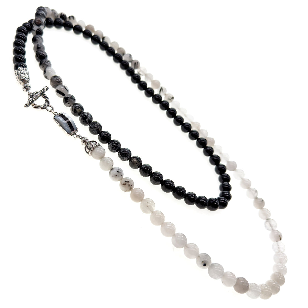 Zwart-Witte Lange Kralenketting – Sterling Zilver – Gem Kingdom