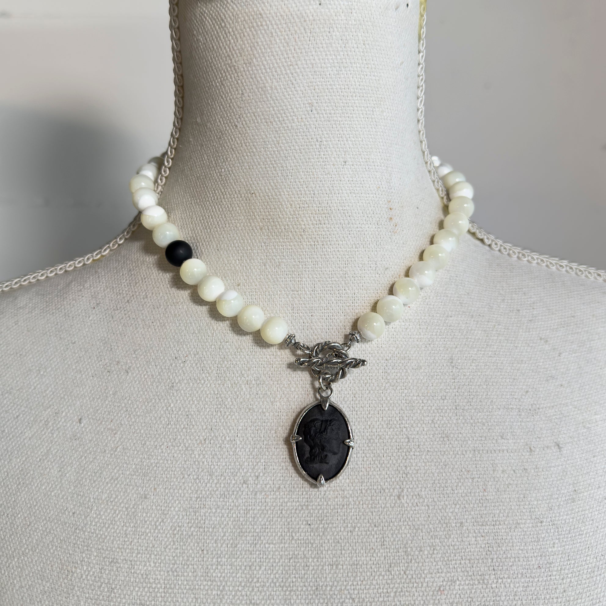 Black Cameo And White Beaded Necklace – Sterling Silver – Gem Kingdom