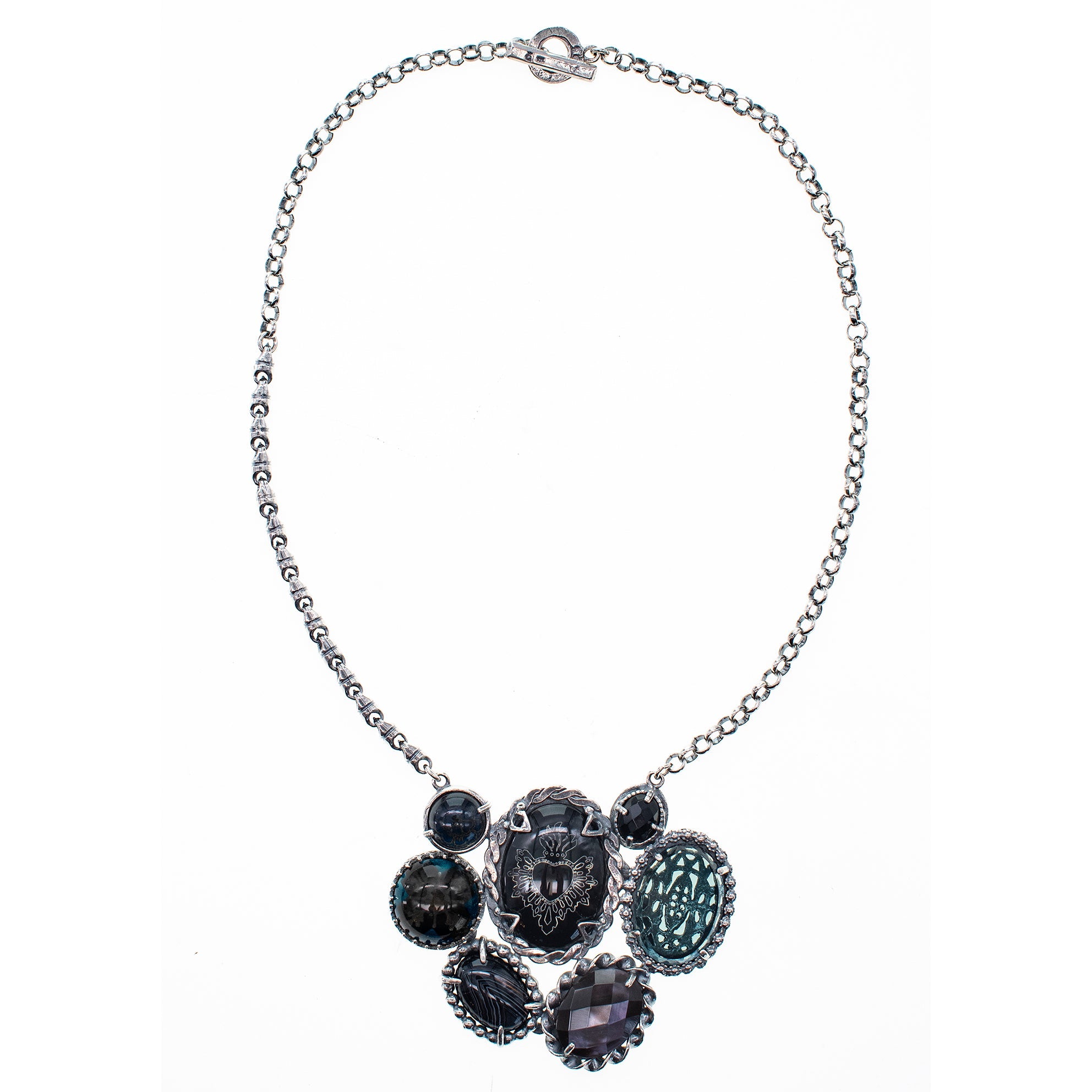 Dark Sacred Heart Cluster Necklace – Sterling Silver – Gem Kingdom