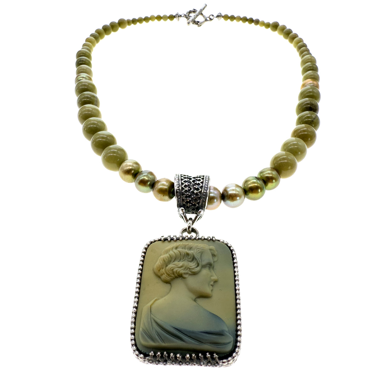Vintage Cameo Matcha Beaded Pendant Necklace