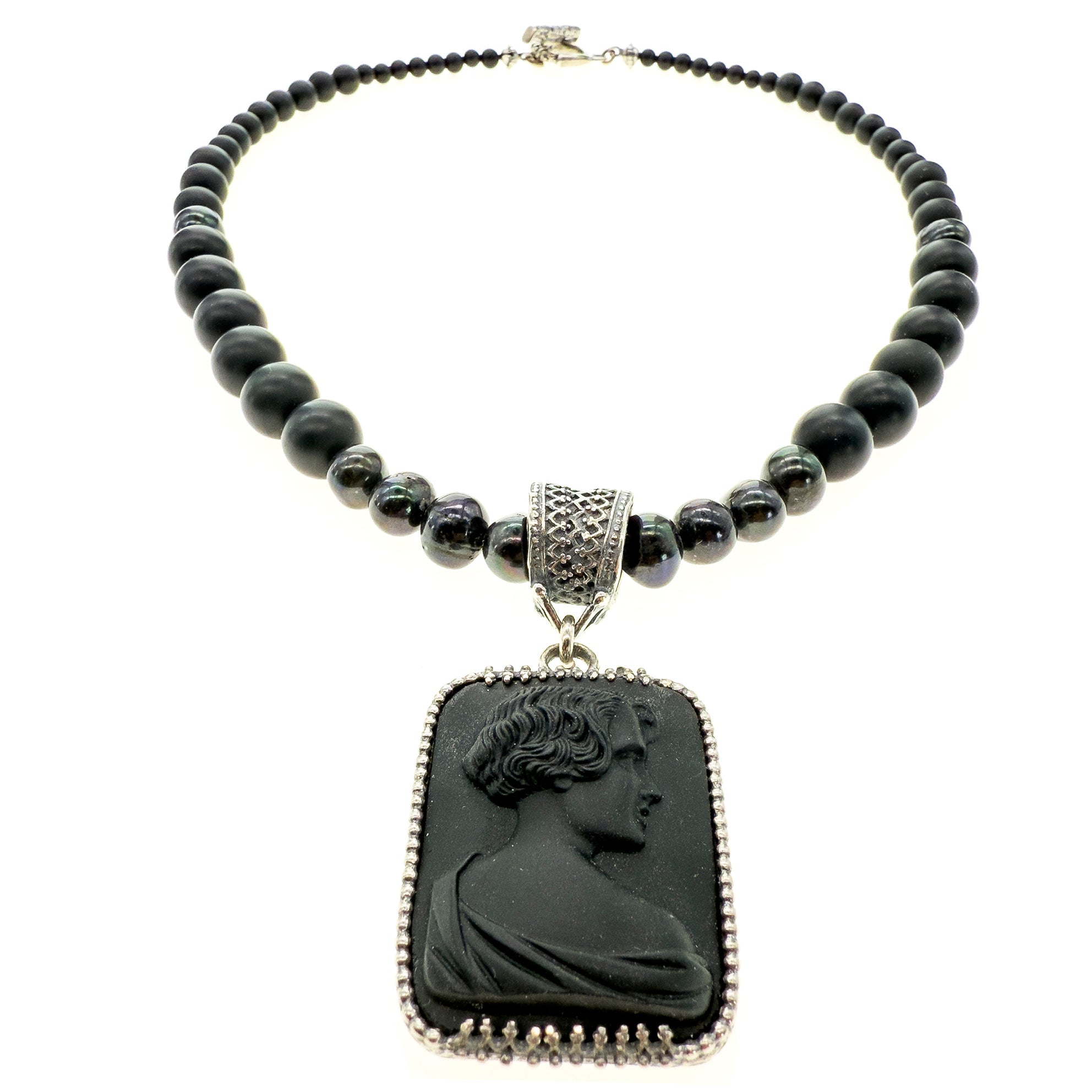 Black Vintage Cameo Beaded Pendant Necklace – Sterling Silver – Gem Kingdom