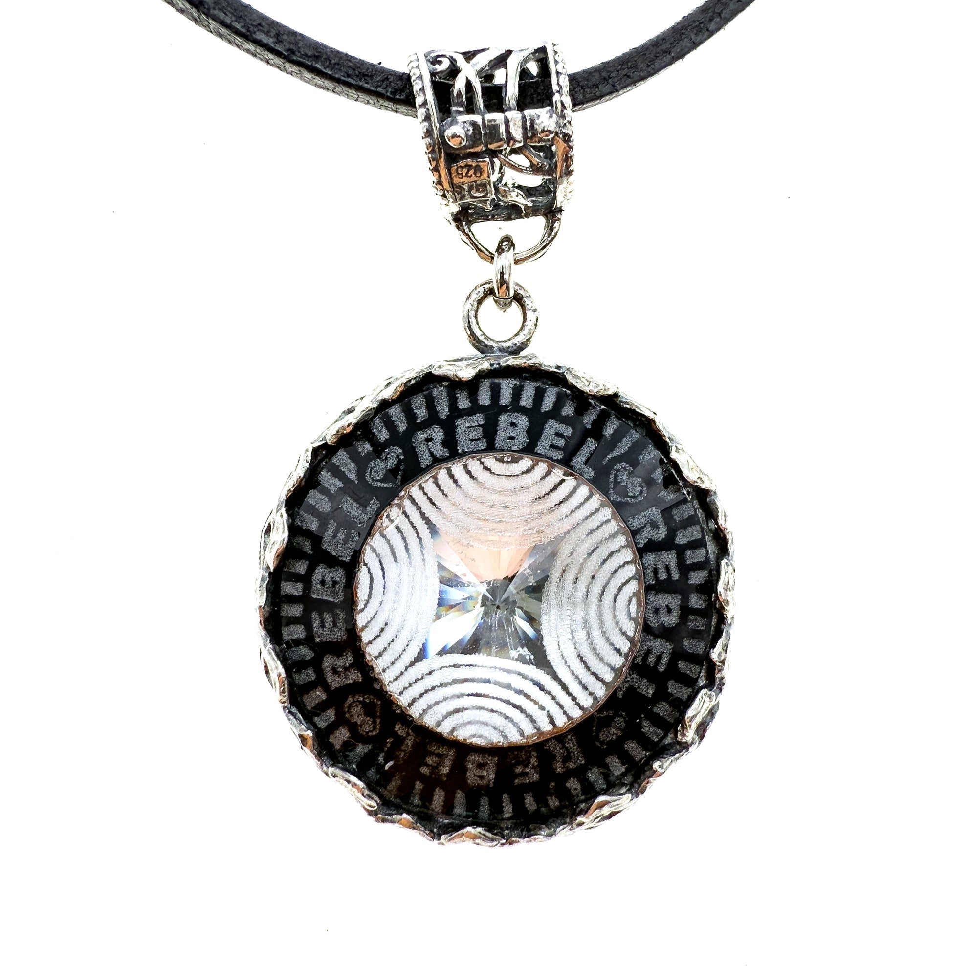 Rebel Rebel Black Engraved Glass Crystal Necklace – Sterling Silver – Gem Kingdom