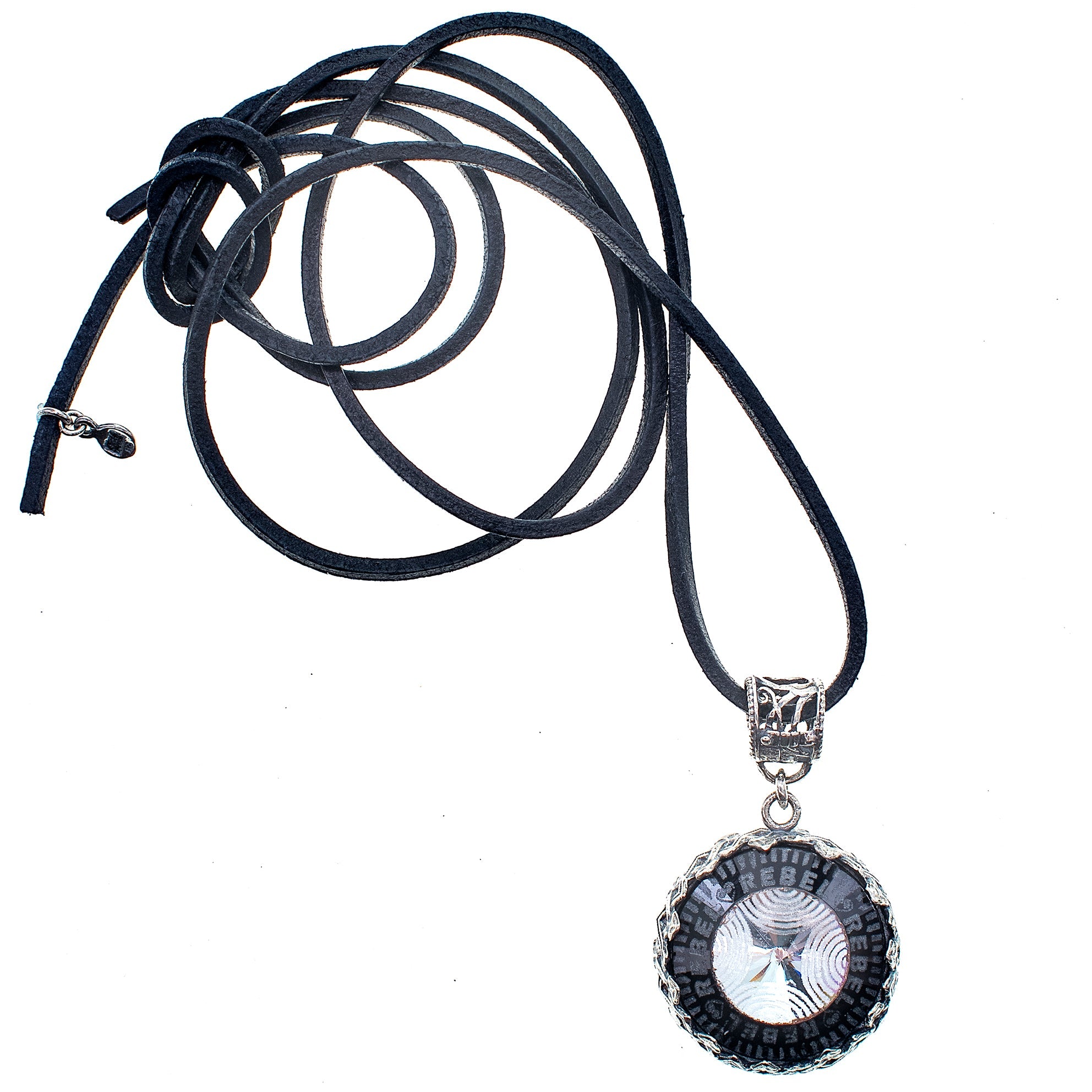Rebel Rebel Black Engraved Glass Crystal Necklace – Sterling Silver – Gem Kingdom