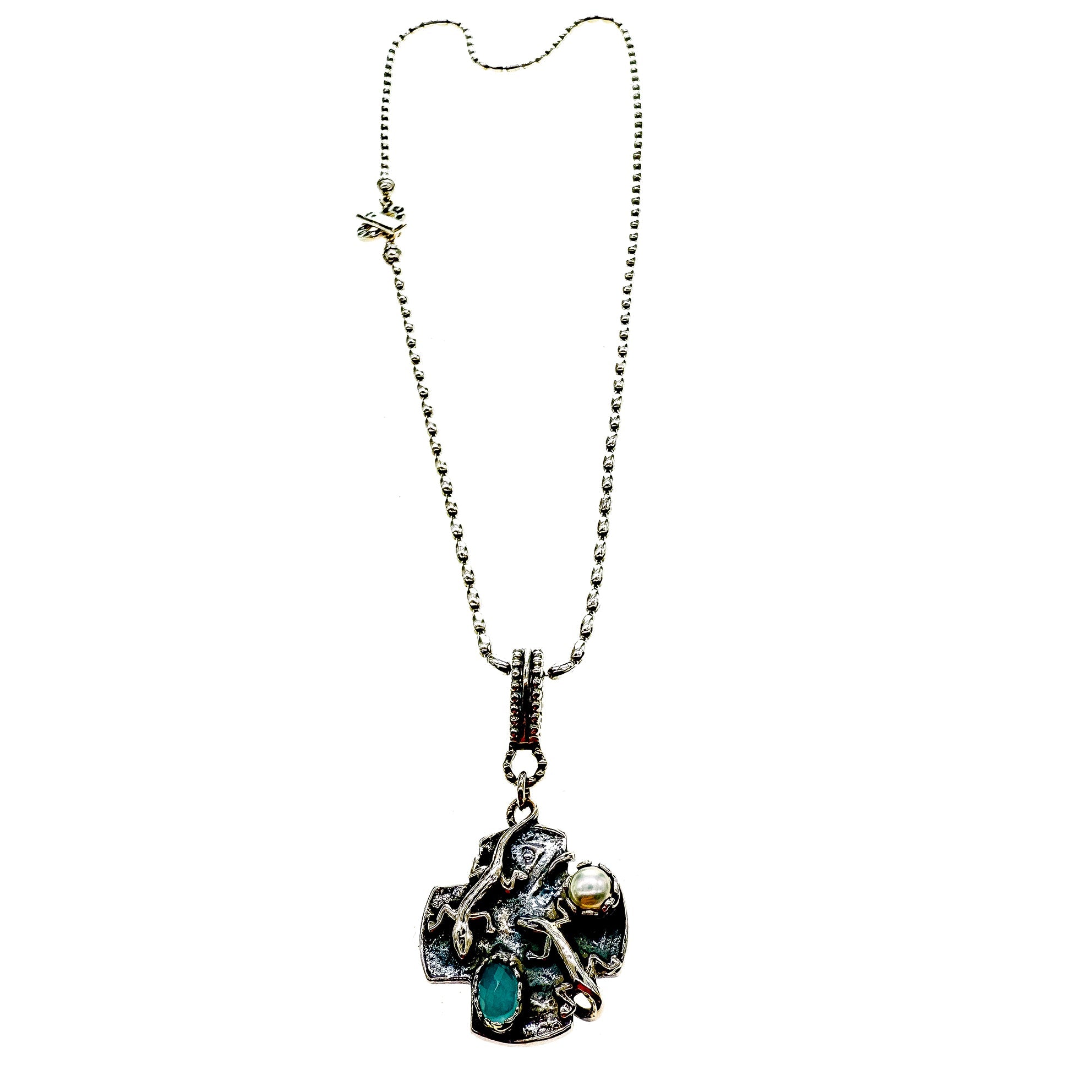 Aqua Lizard Cross Necklace – Sterling Silver – Gem Kingdom
