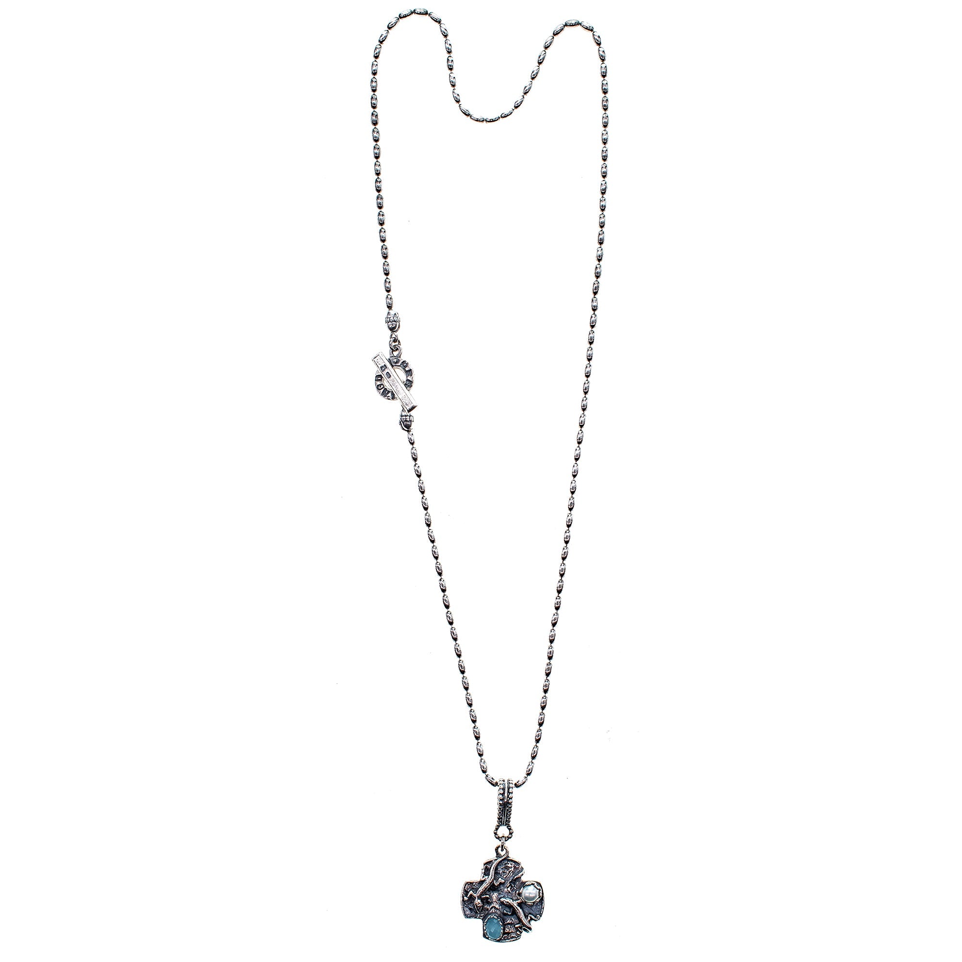 Aqua Lizard Cross Necklace – Sterling Silver – Gem Kingdom