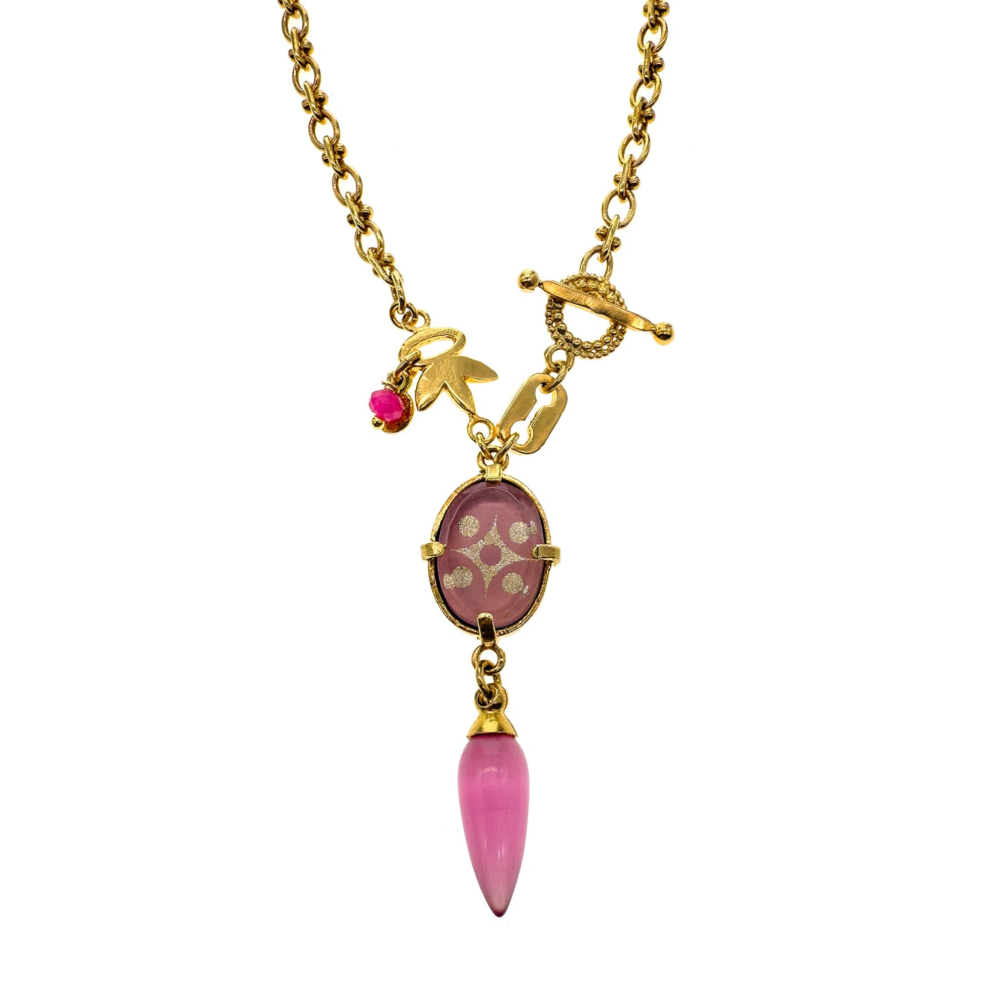 Pink Intaglio Pendant Textured Link Necklace – Gold Plated – Gem Kingdom