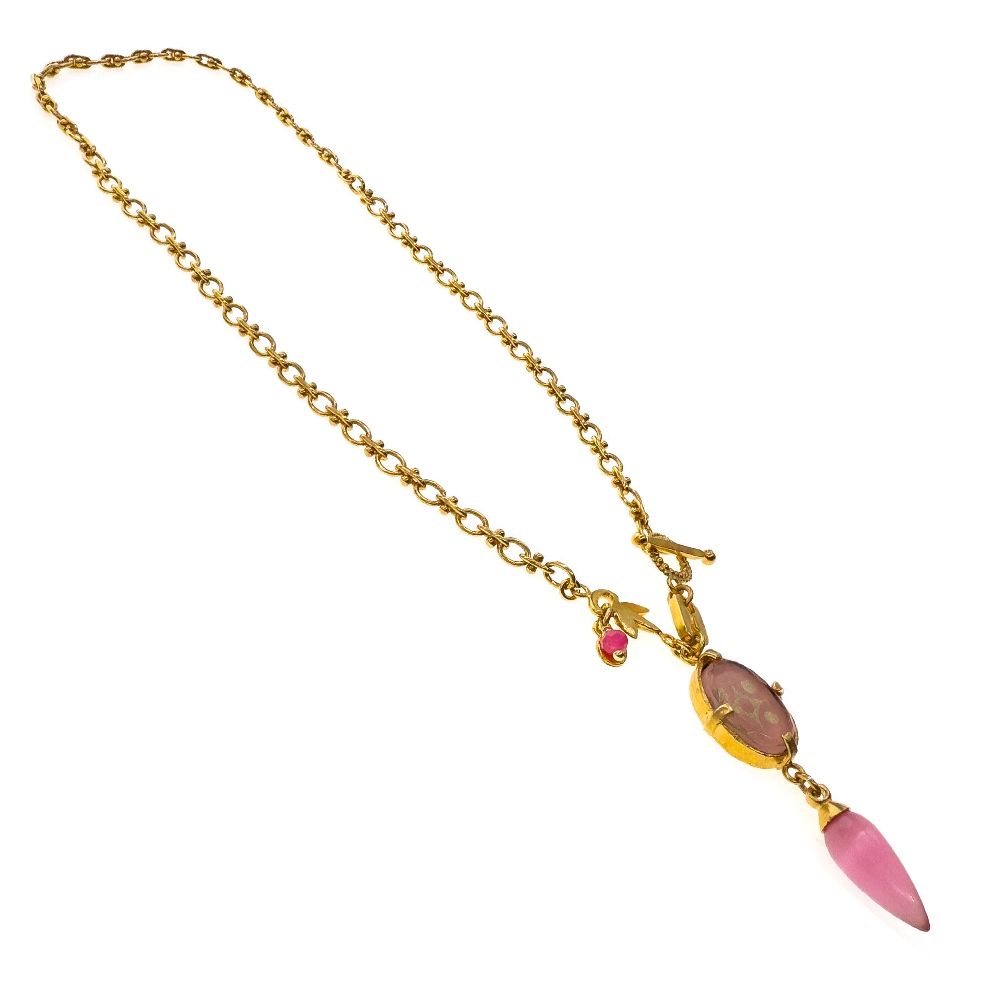 Pink Intaglio Pendant Textured Link Necklace – Gold Plated – Gem Kingdom