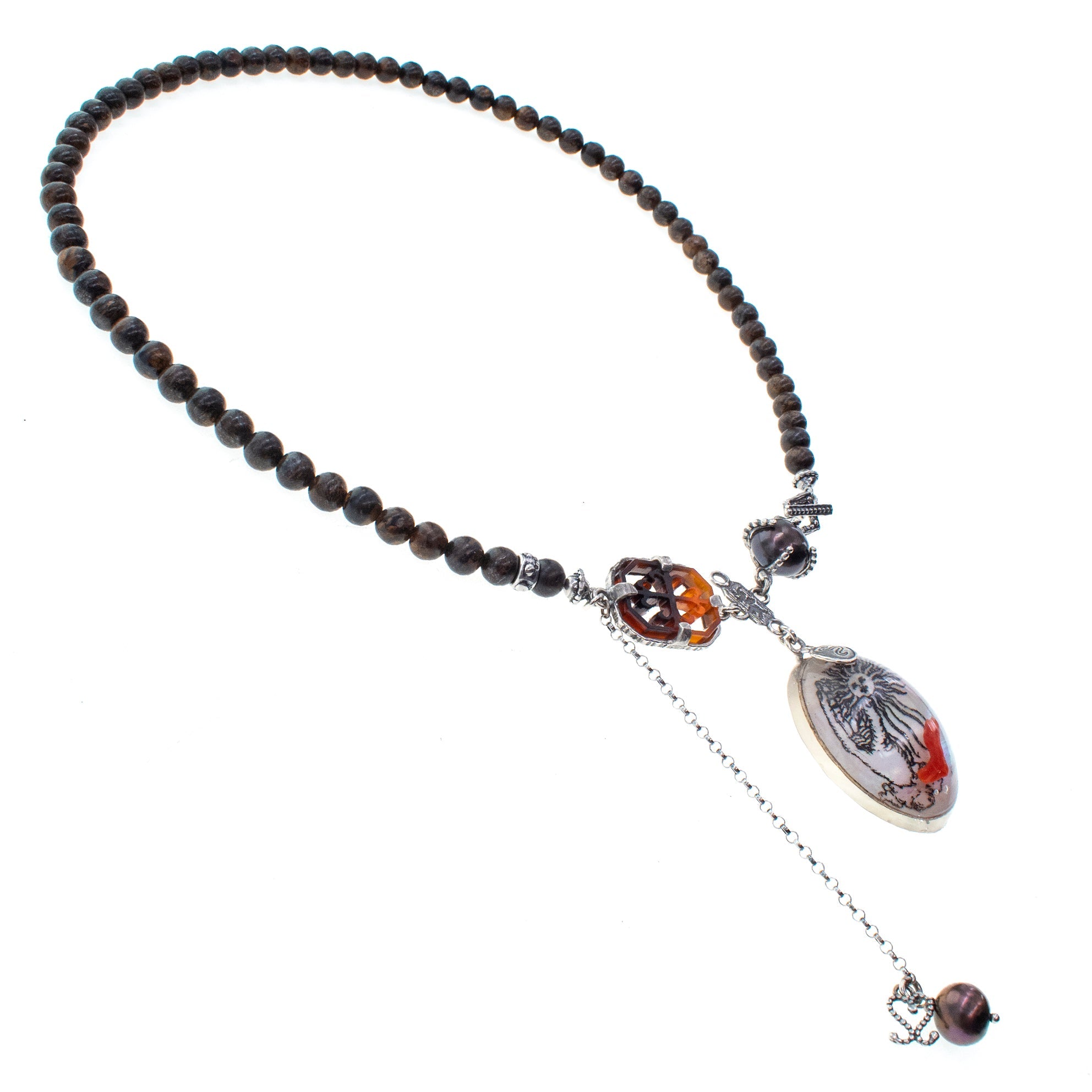 Bronzite & Coral Resin Necklace – Sterling Silver – Gem Kingdom