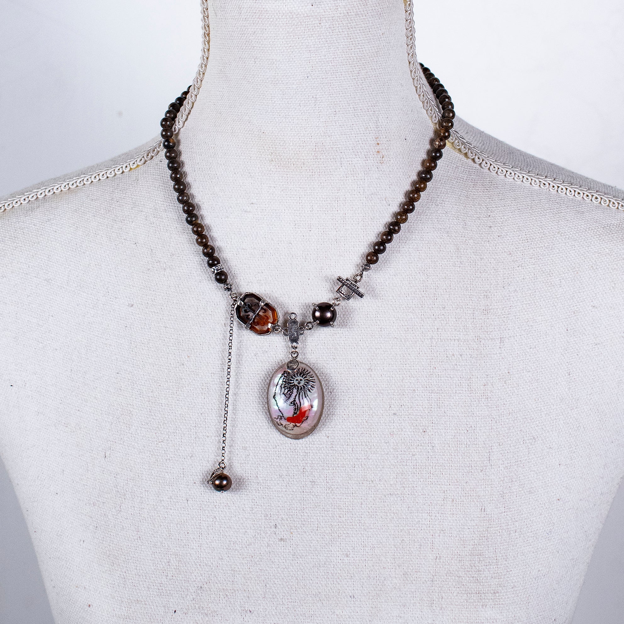 Bronzite & Coral Resin Necklace – Sterling Silver – Gem Kingdom