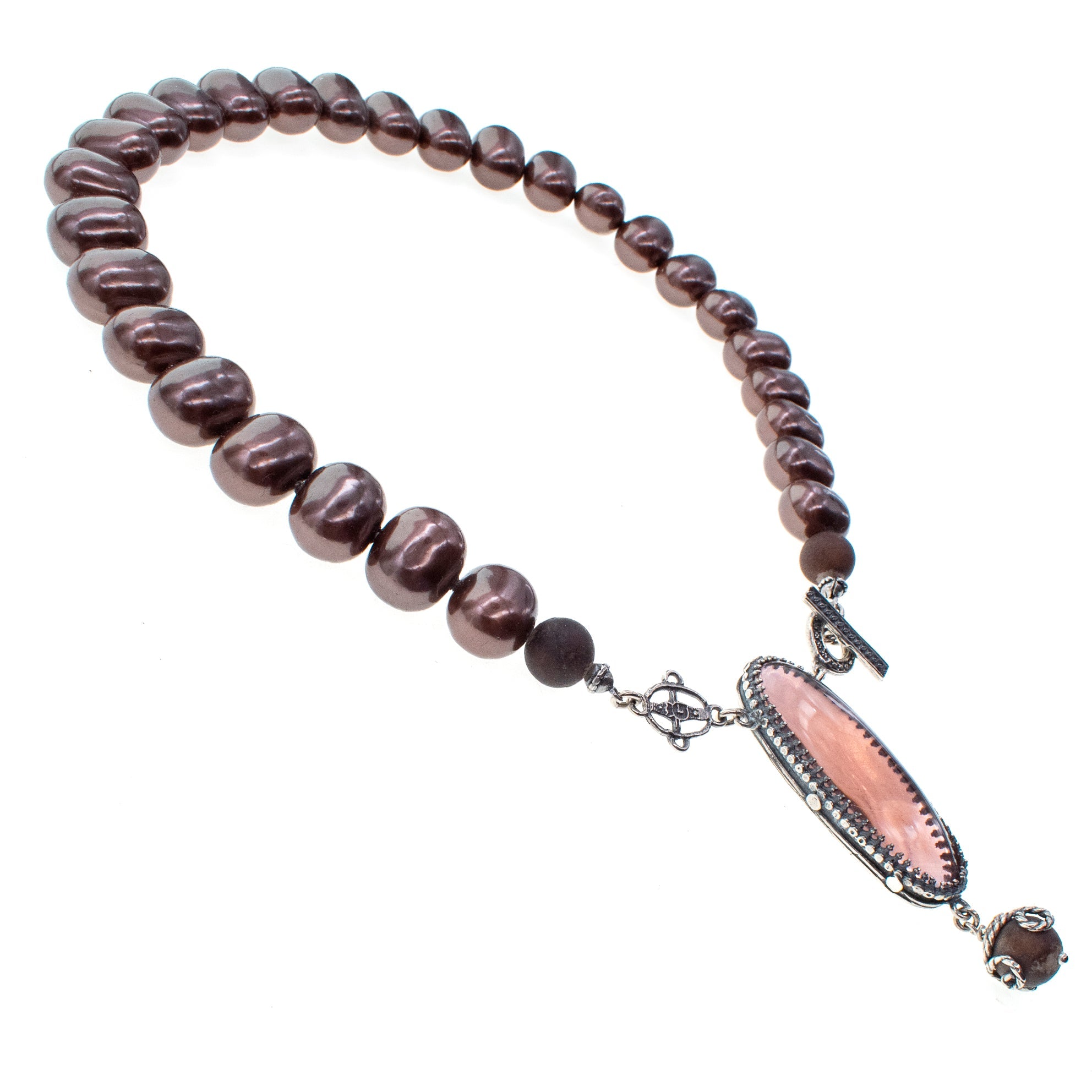 Brown Shell Pearl & Pink Bohemian Crystal Necklace – Sterling Silver – Gem Kingdom