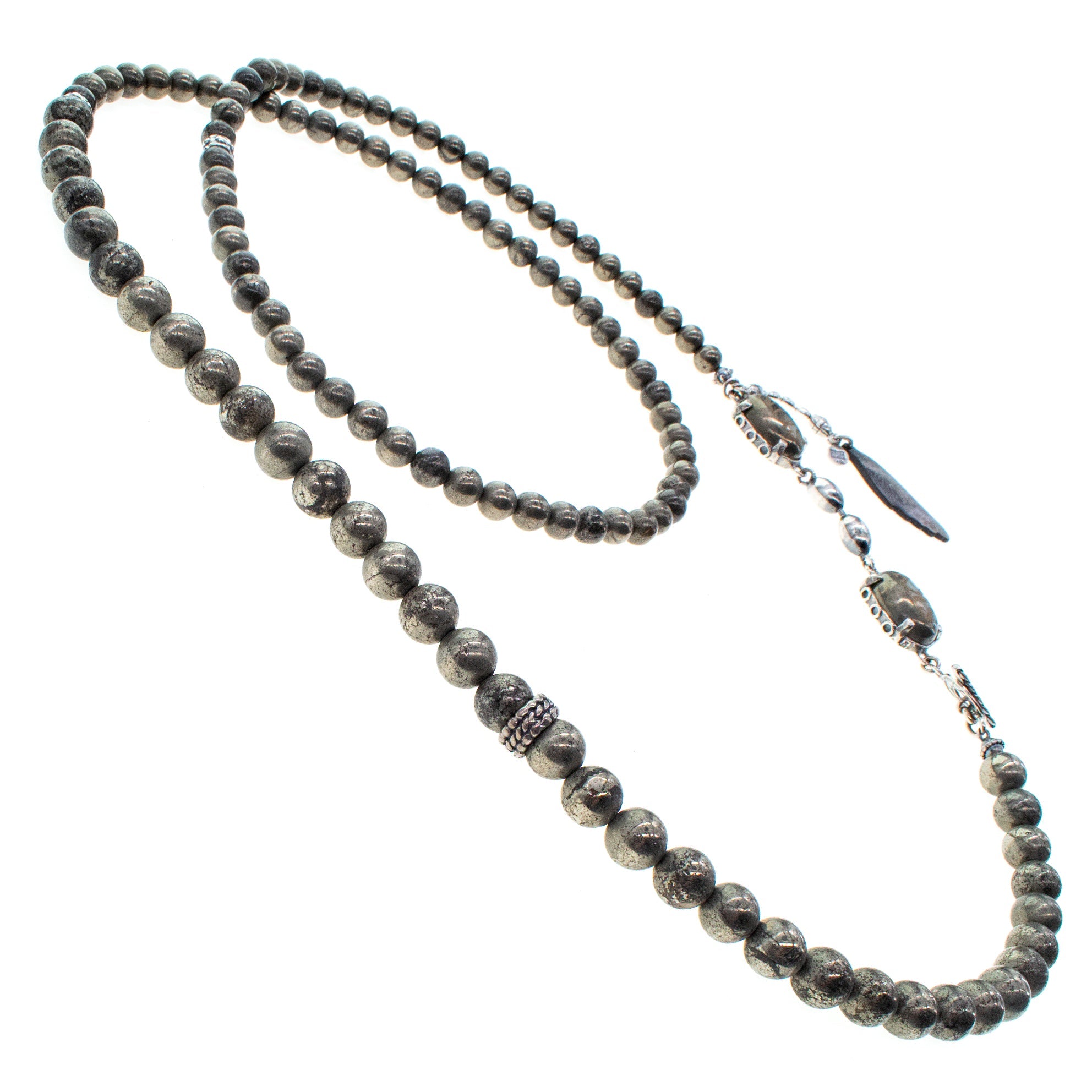 Pyrite Beaded Long Necklace – Sterling Silver – Gem Kingdom