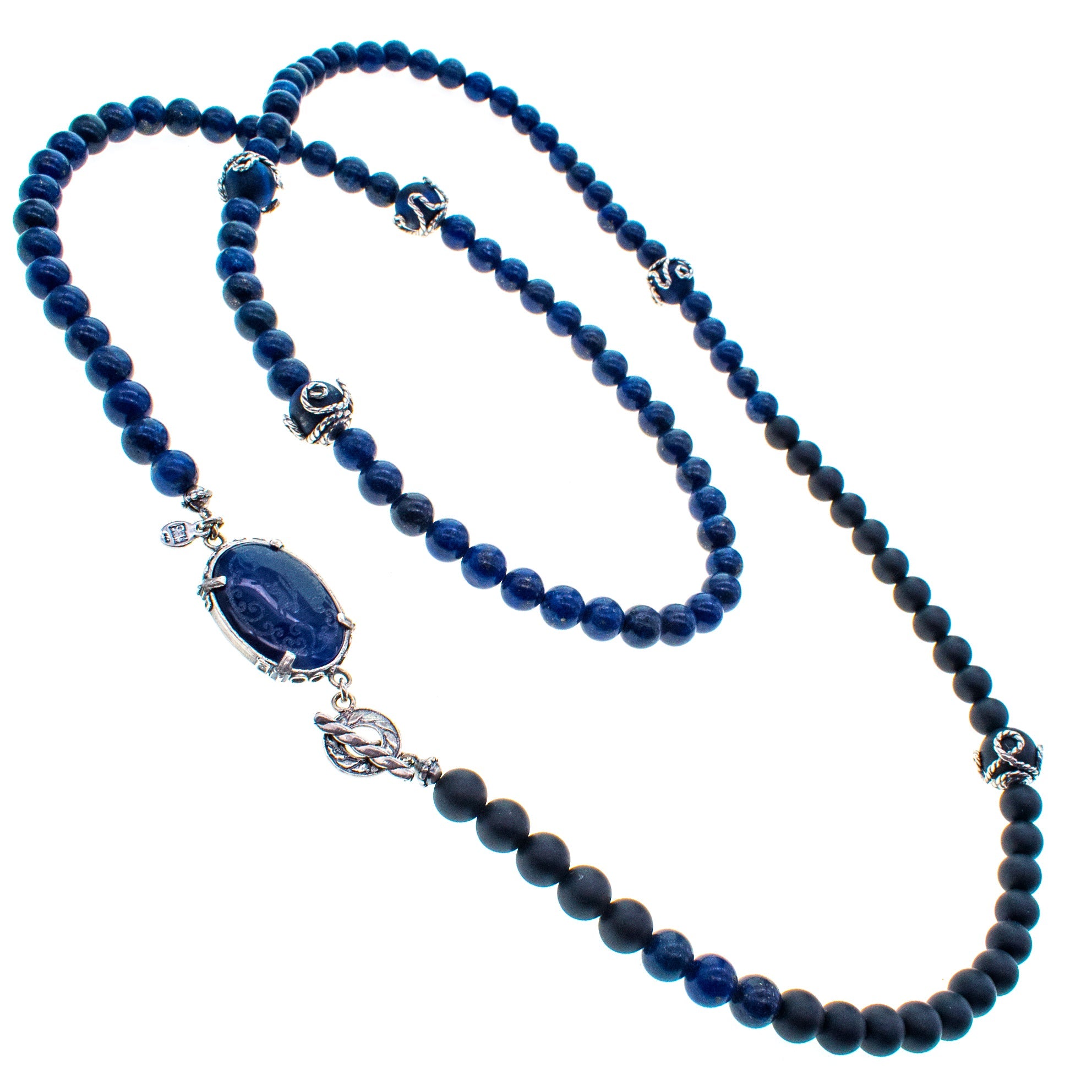 Blue Lapis & Matte Black Onyx Long Necklace – Sterling Silver – Gem Kingdom