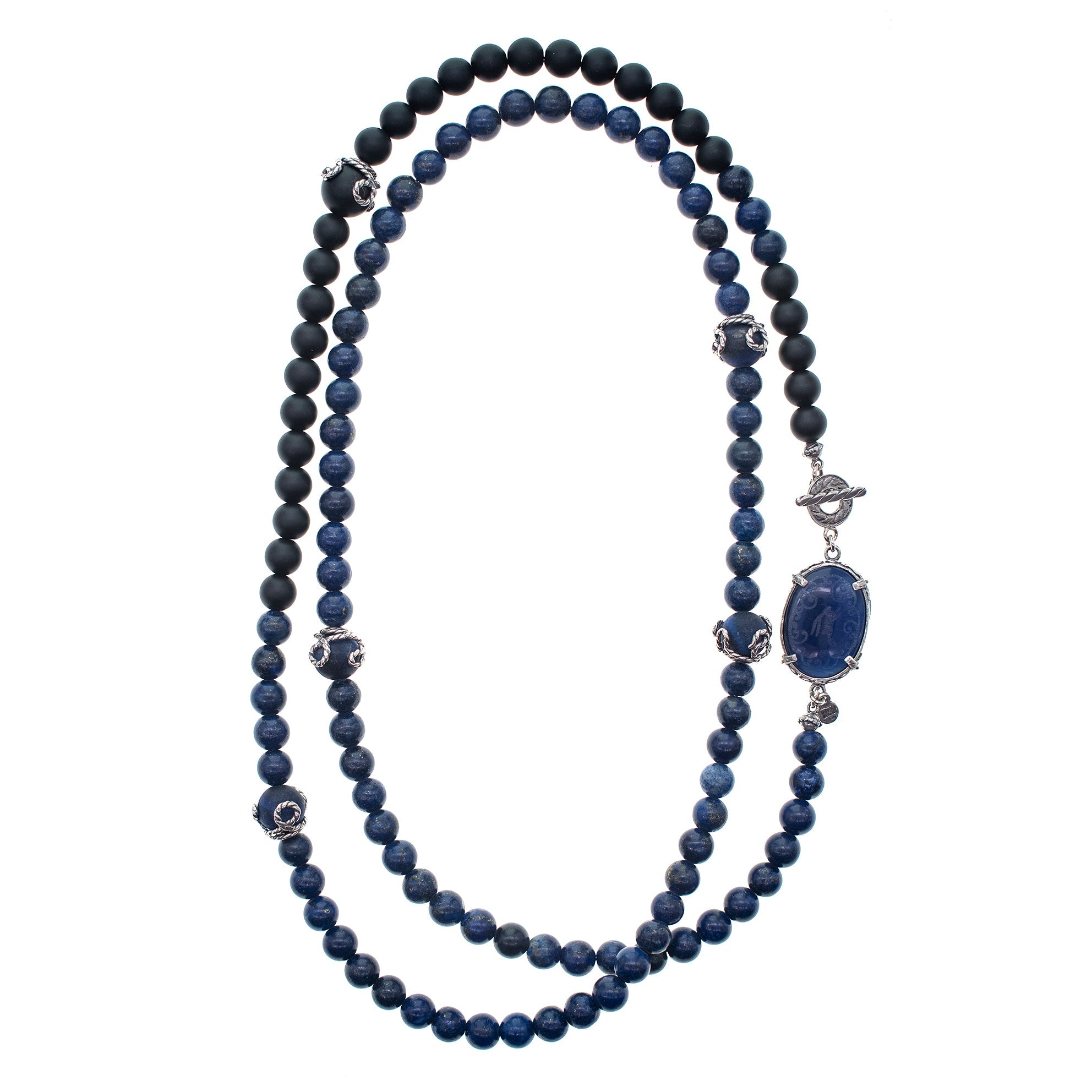Blue Lapis & Matte Black Onyx Long Necklace – Sterling Silver – Gem Kingdom