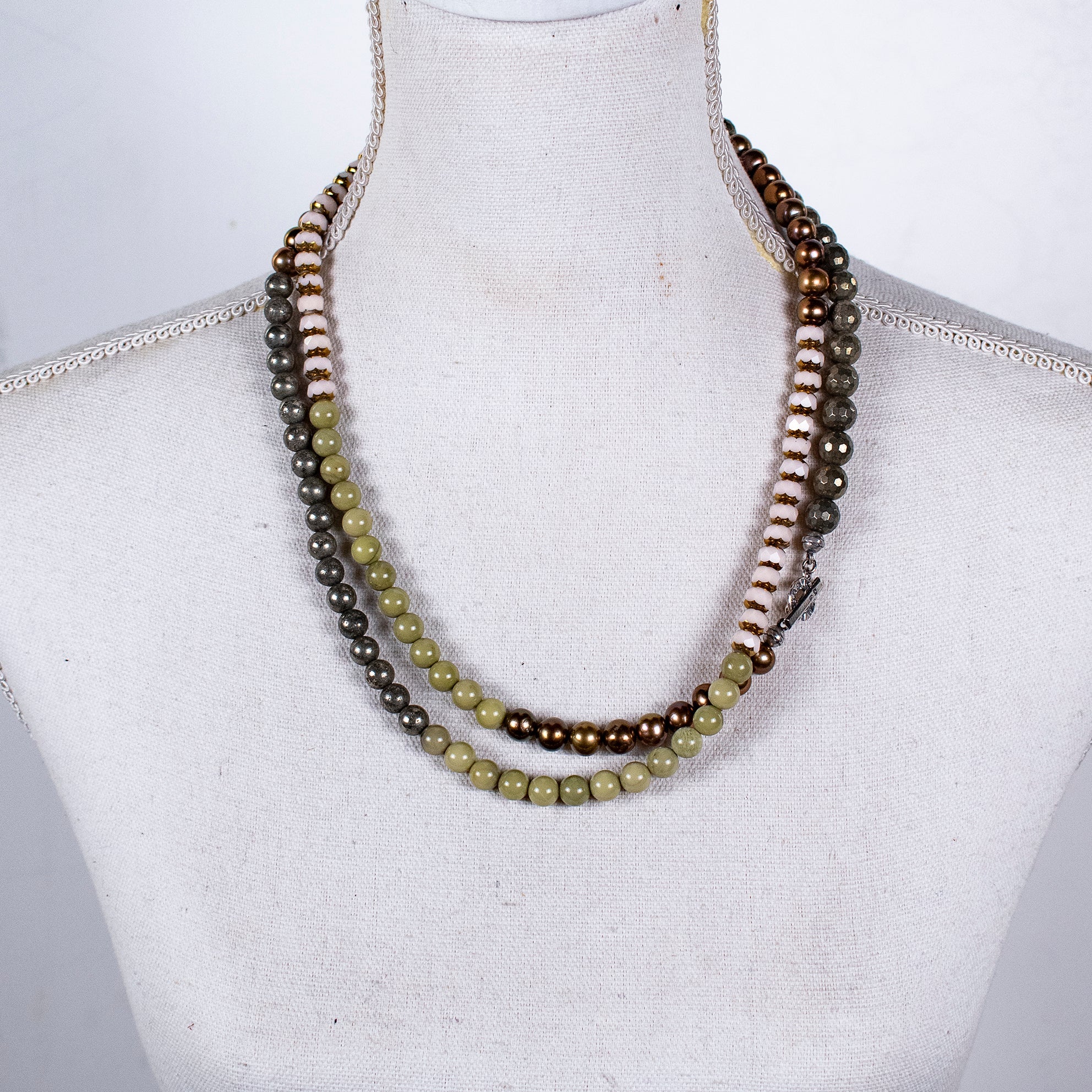 Matcha Agate & Pyrite Extra Long Necklace – Sterling Silver – Gem Kingdom