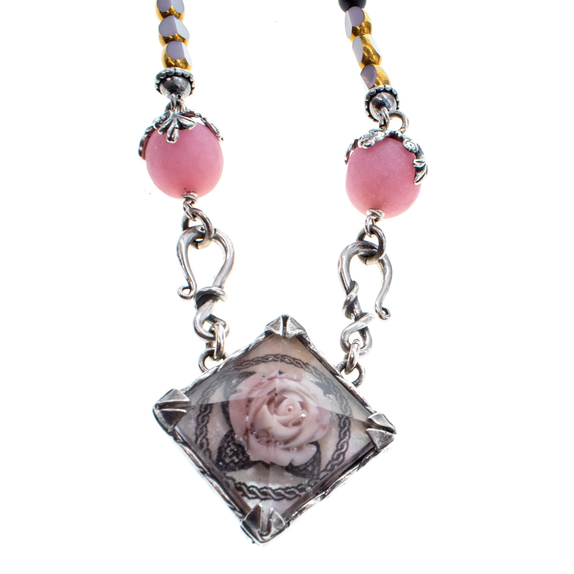 Black Matte Onyx And Pink Rose Resin Necklace – Sterling Silver – Gem Kingdom