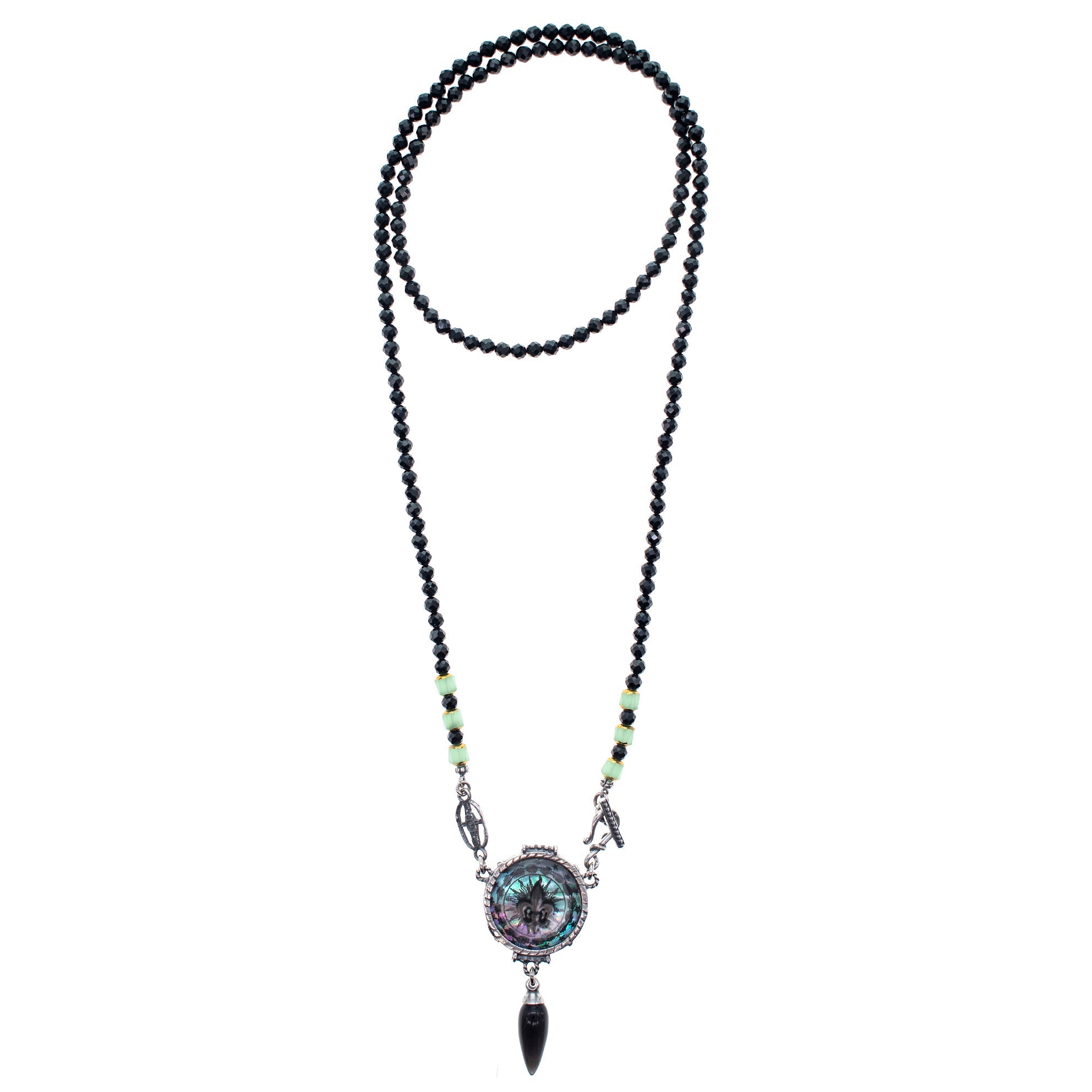 Fleur-De-Lis Resin And Black Spinel Long Necklace – Sterling Silver – Gem Kingdom