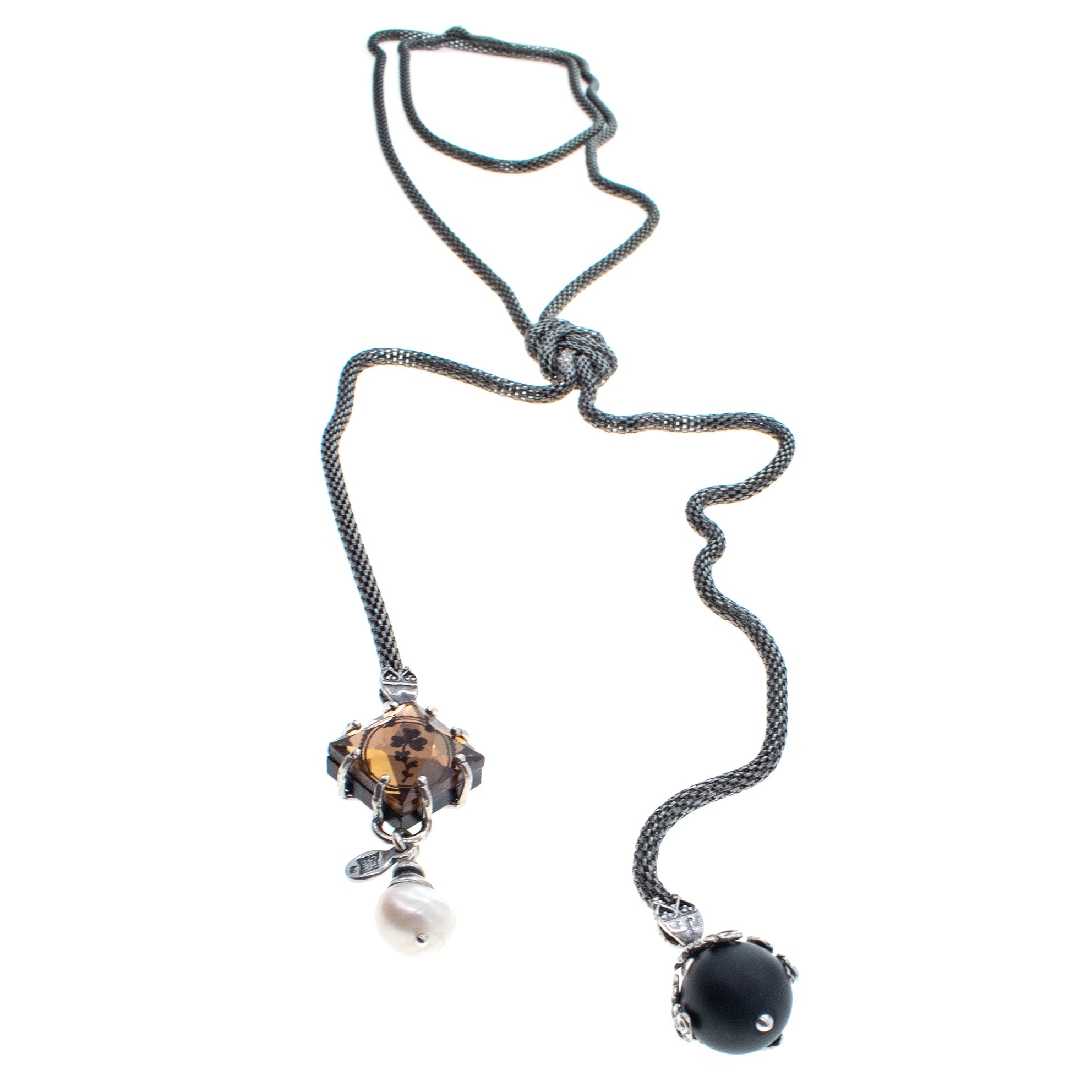 Glass Intaglio Mesh Chain Lariat Necklace – Sterling Silver – Gem Kingdom