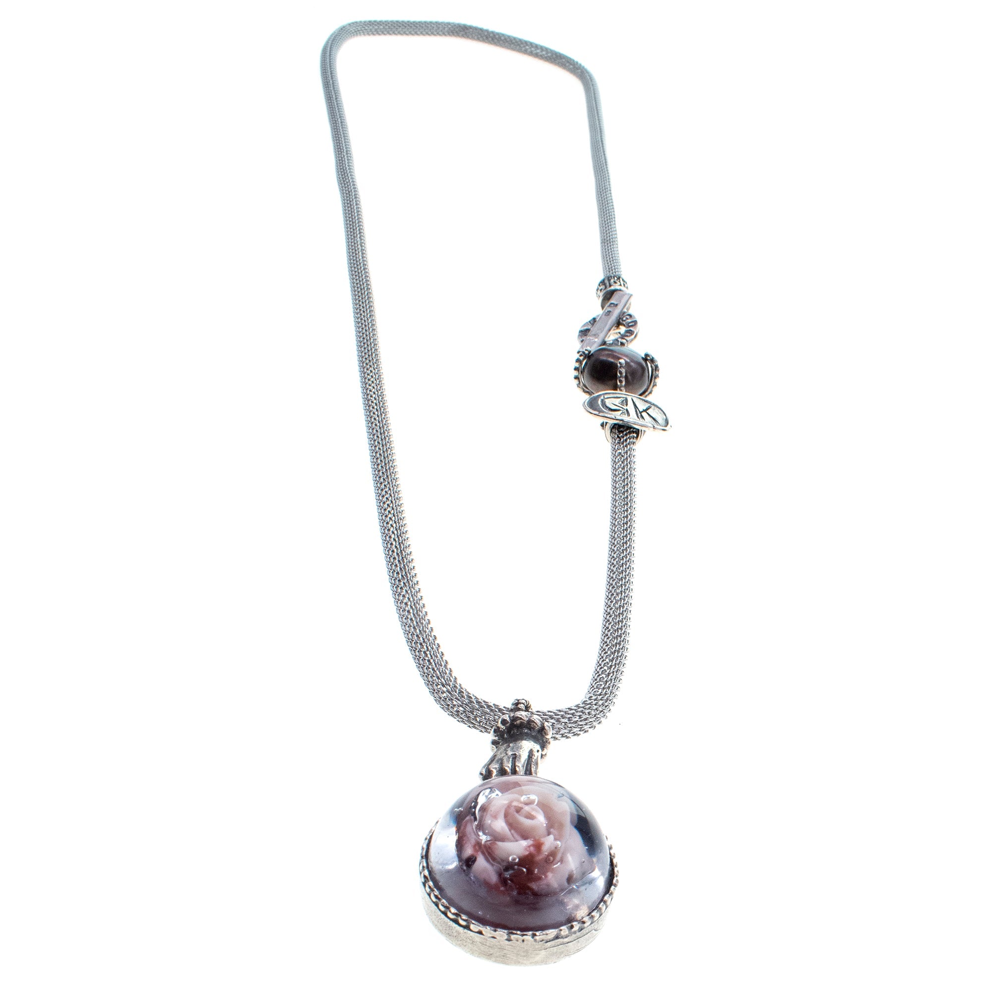 Resin Pink Rose Mesh Necklace – Sterling Silver – Gem Kingdom