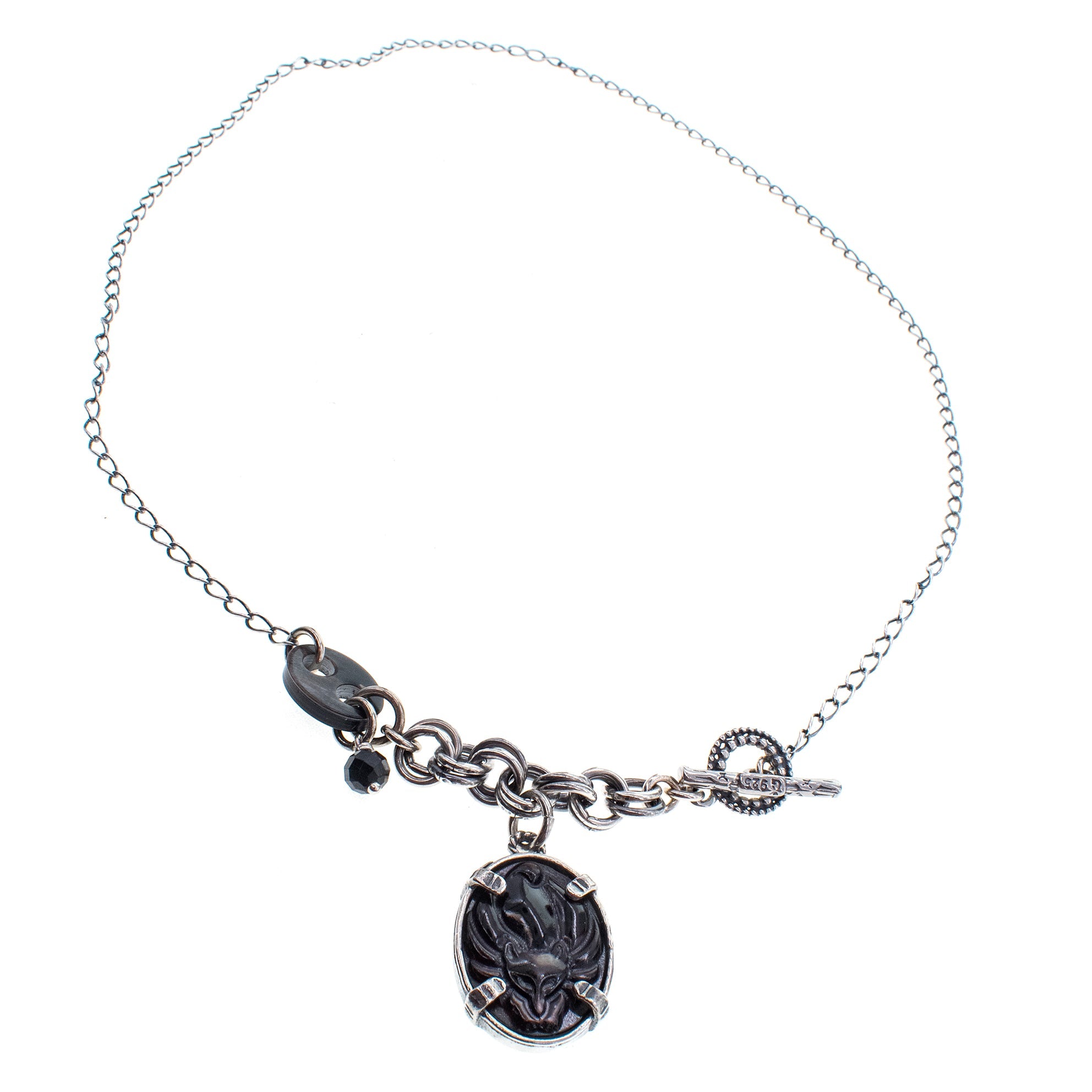 Black Mother Of Pearl Fox Cameo Pendant Necklace – Sterling Silver – Gem Kingdom
