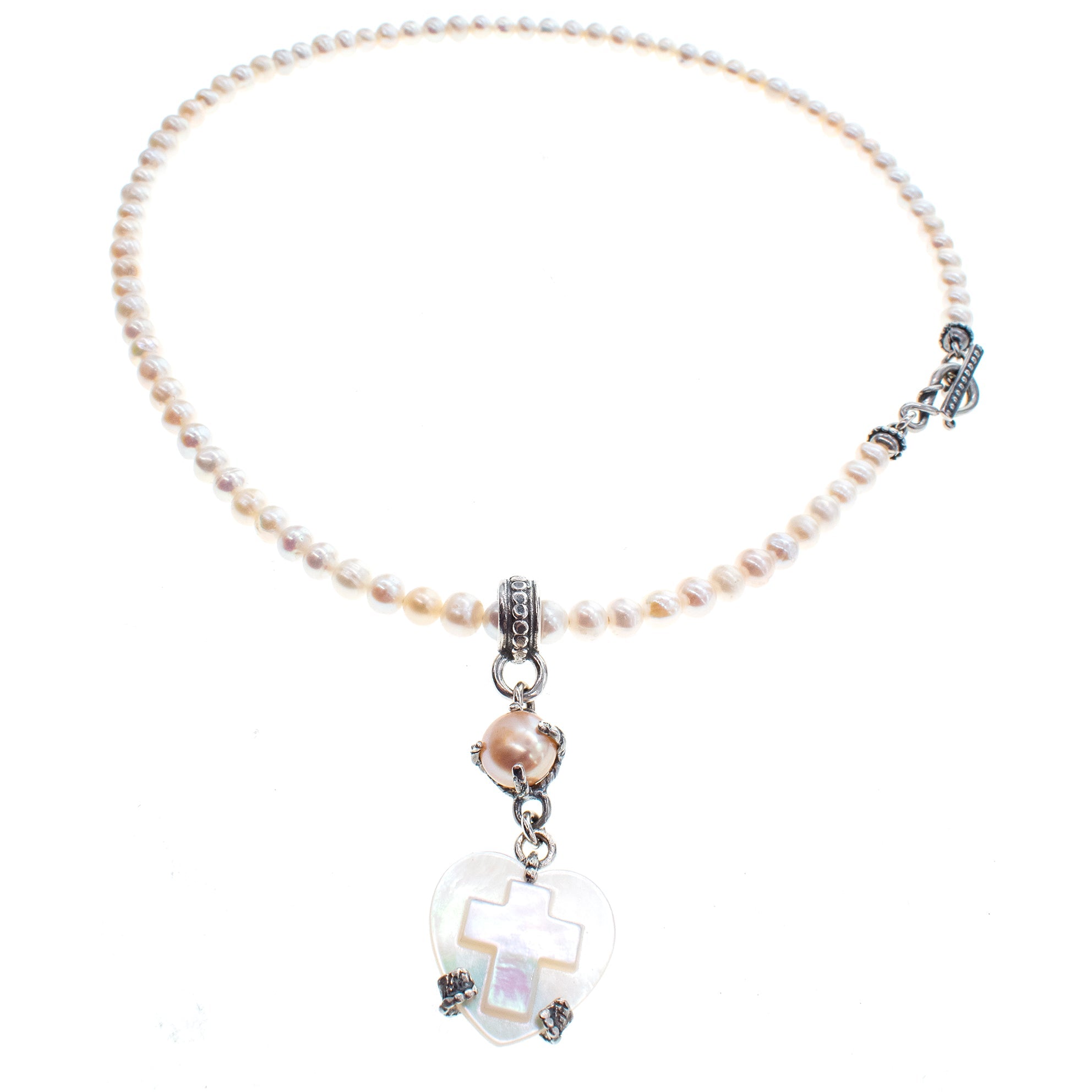 White Mother Of Pearl Heart & Pearl Necklace – Sterling Silver – Gem Kingdom