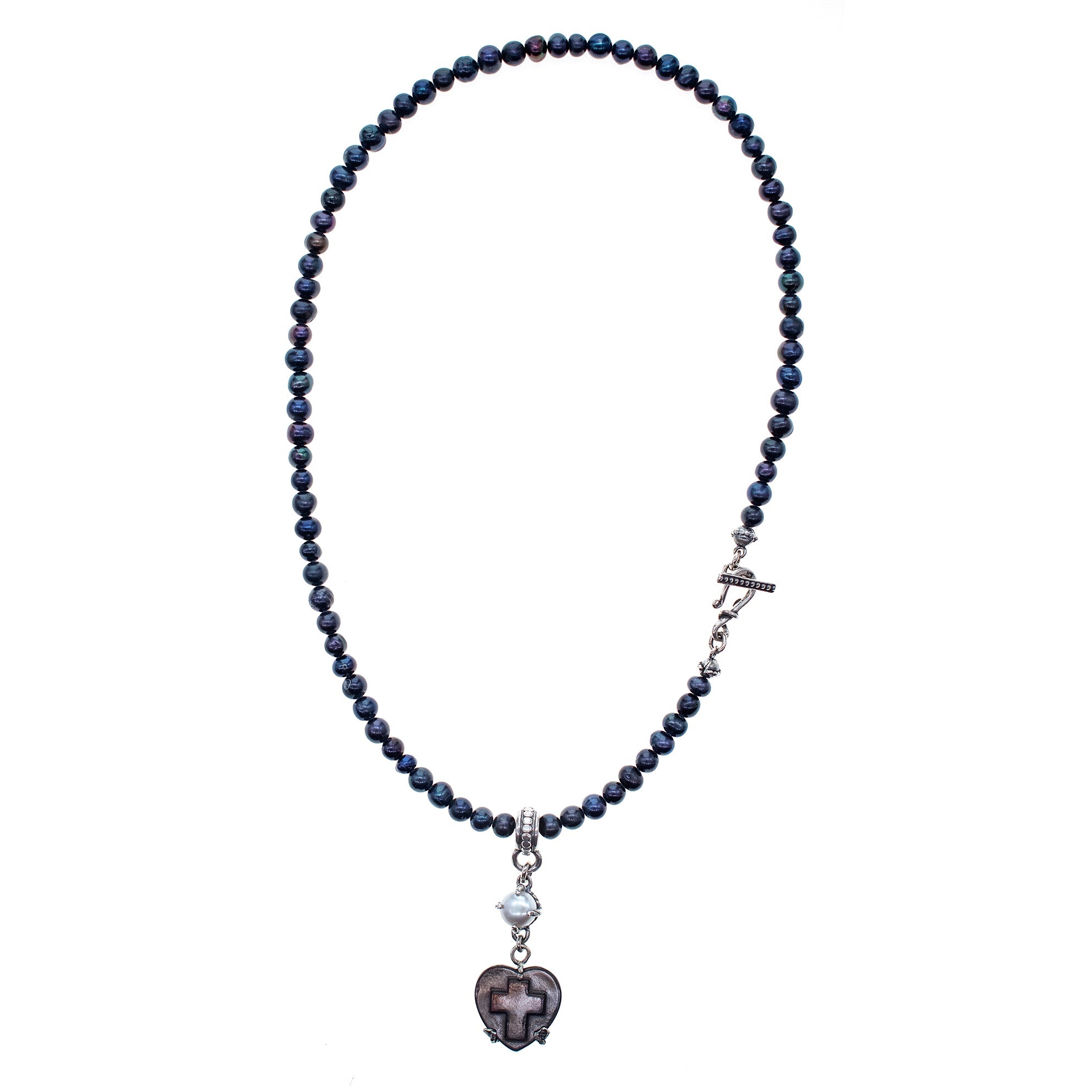 Black Mother Of Pearl Heart & Pearl Necklace – Sterling Silver – Gem Kingdom