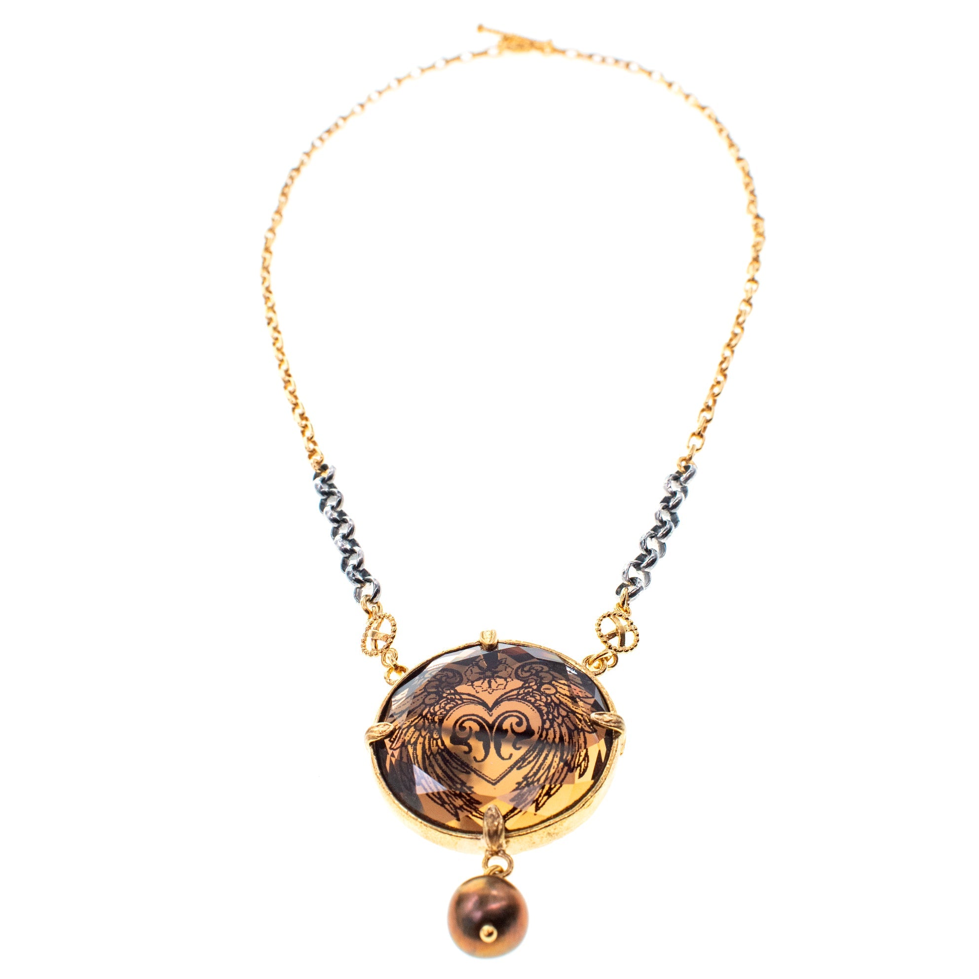 Brown Vintage Glass Heart Necklace – Gold Plated – Gem Kingdom