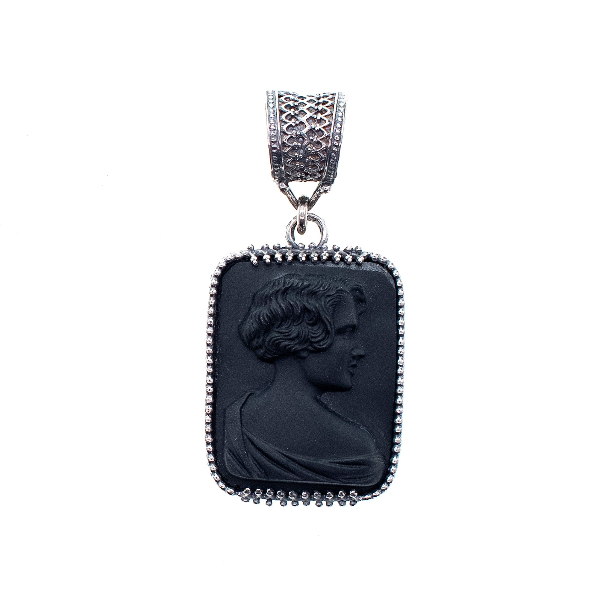 Black Vintage Glass Cameo Pendant – Sterling Silver – Gem Kingdom