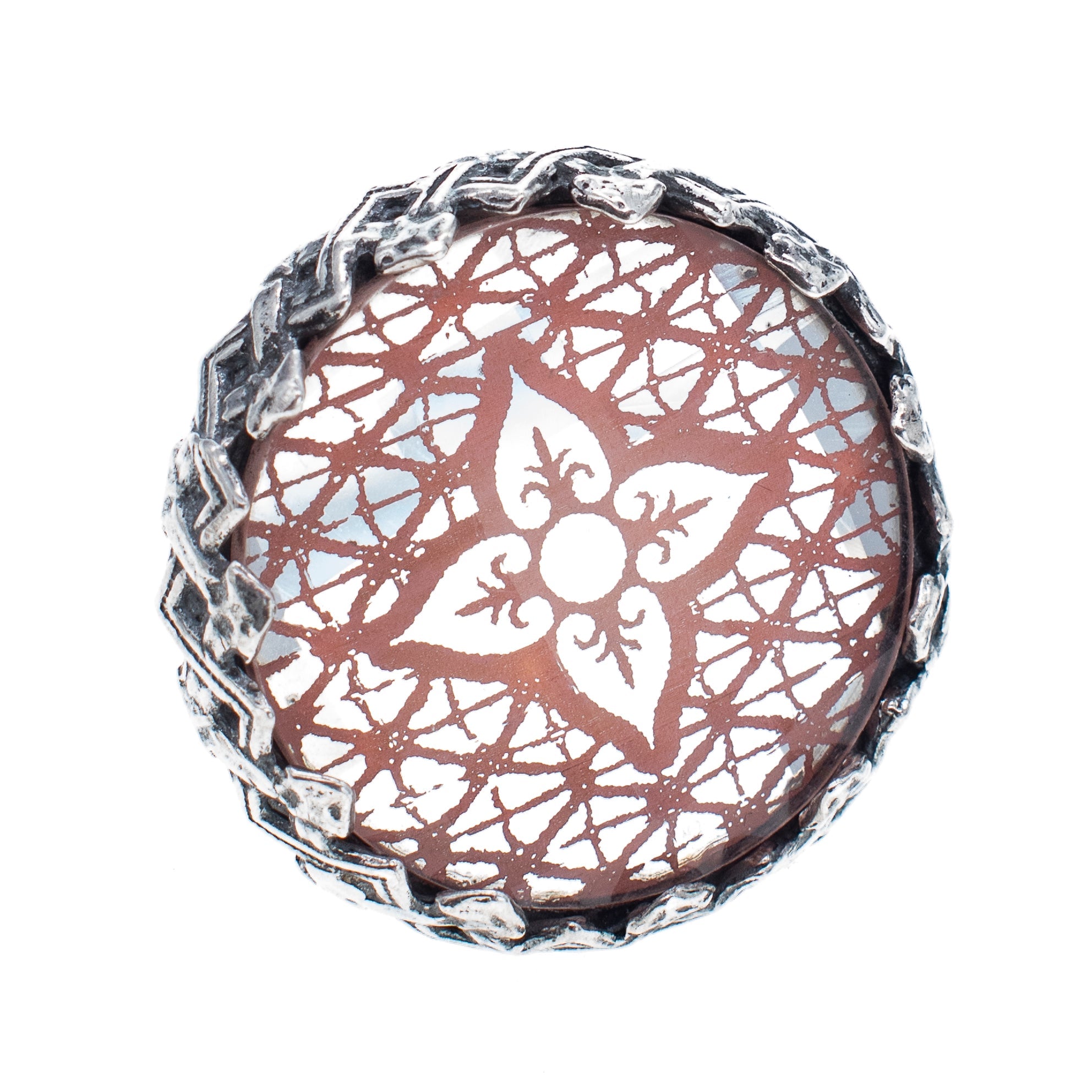 Pink Engraved Mirrored Glass Stone Ring – Sterling Silver – Gem Kingdom