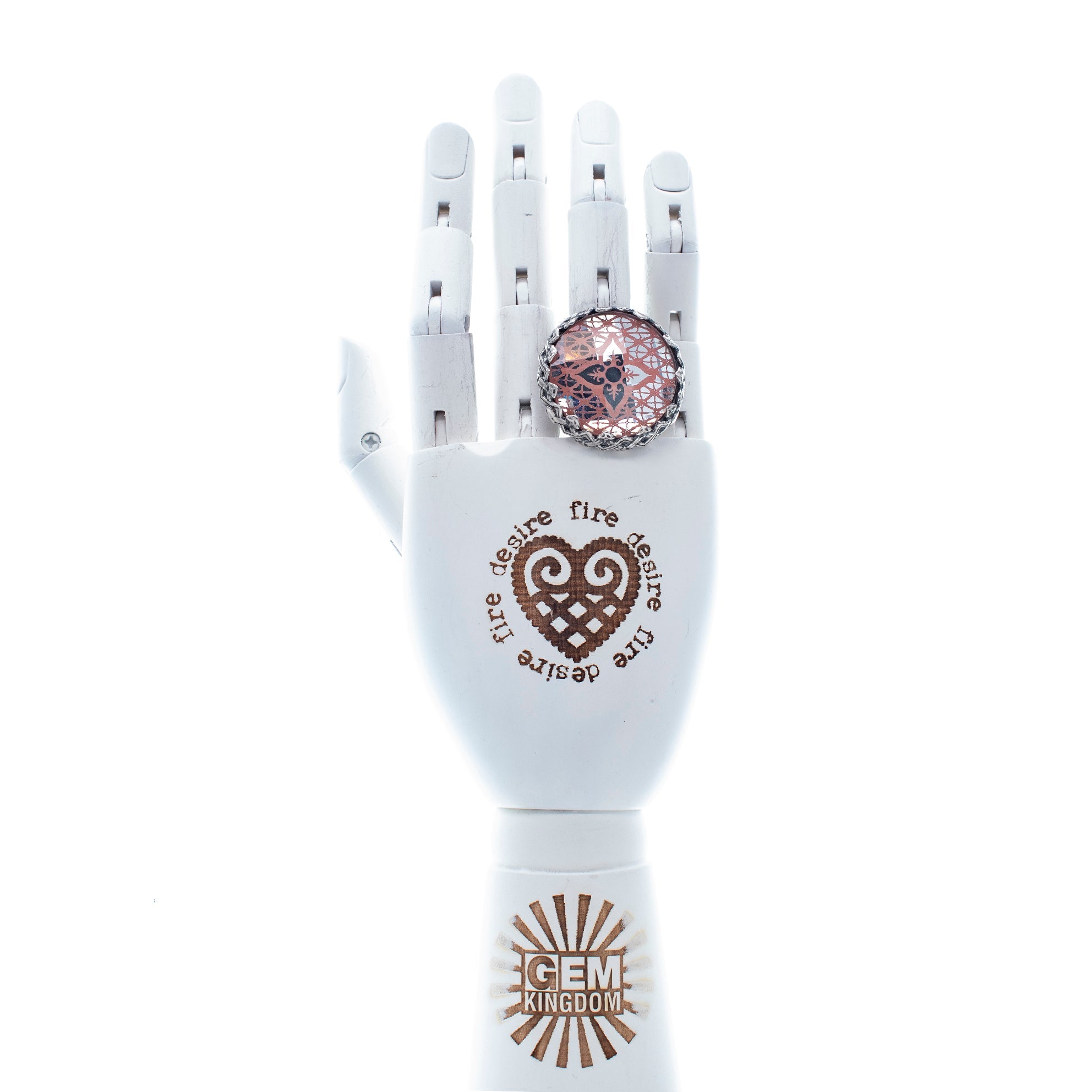 Pink Engraved Mirrored Glass Stone Ring – Sterling Silver – Gem Kingdom